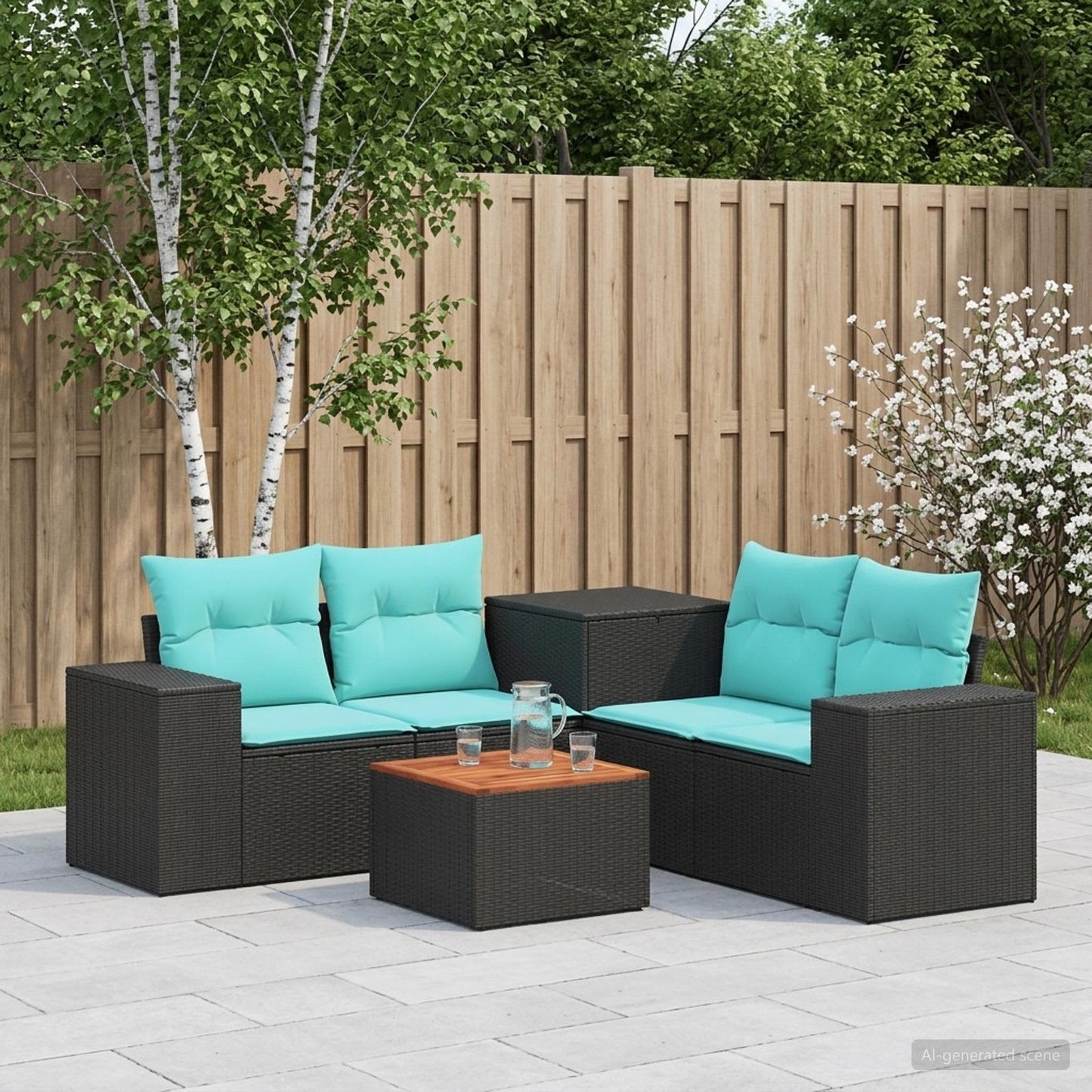 Set di divani 6 pz Nero e Blu Rattan sintetico e Acciaio | homemem39