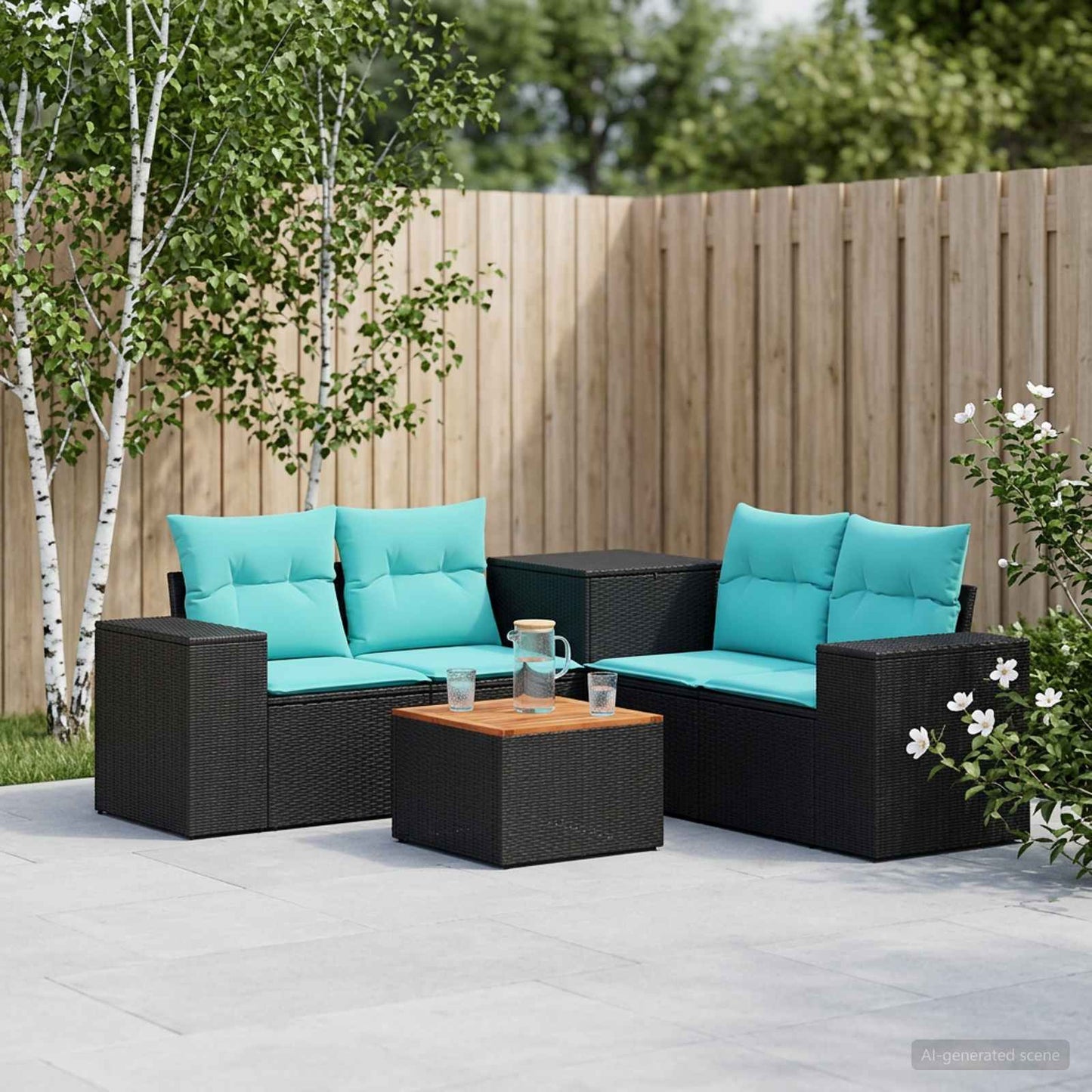 Set di divani 6 pz Nero e Blu Rattan sintetico e Acciaio | homemem39