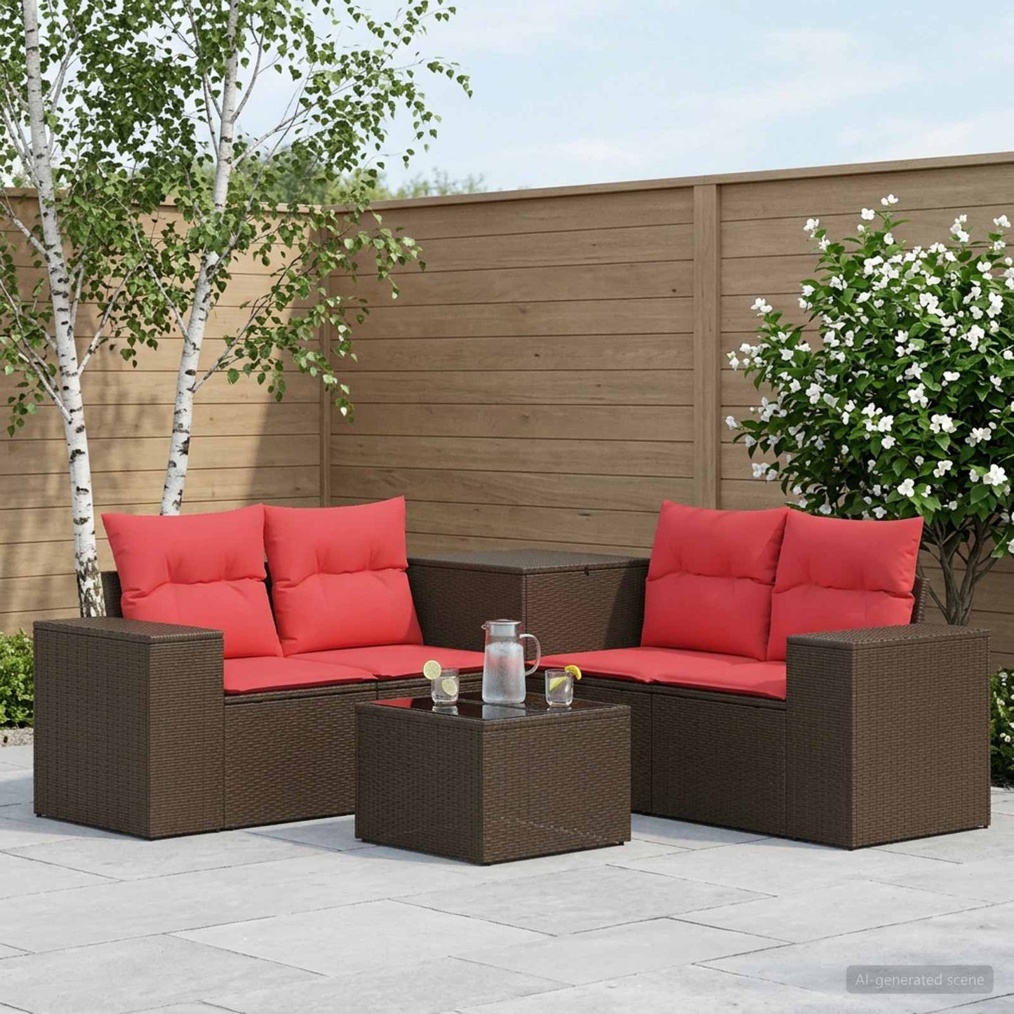 Set di divani 6 pz Marrone e Rosso Rattan sintetico e Acciaio | homemem39