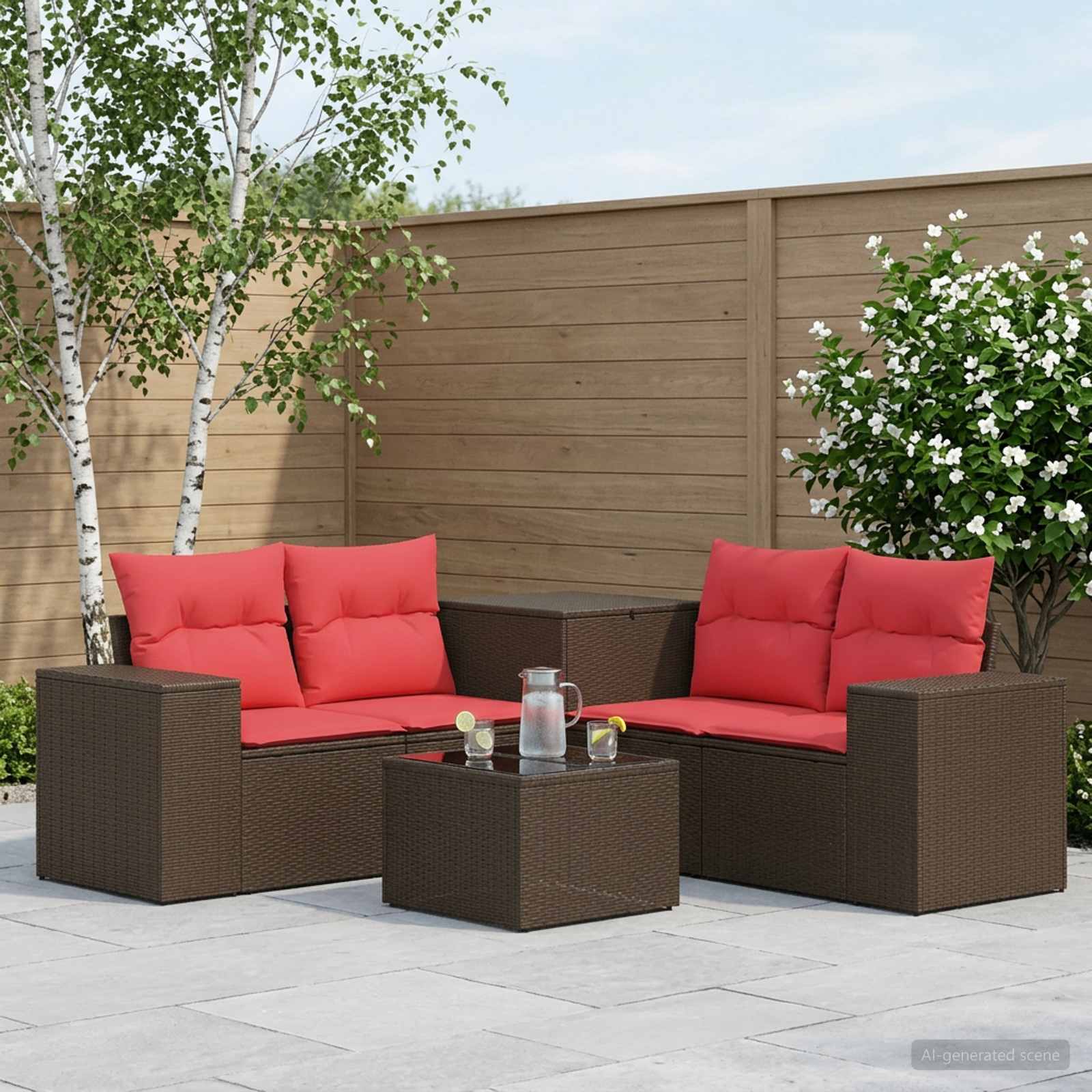Set di divani 6 pz Marrone e Rosso Rattan sintetico e Acciaio | homemem39