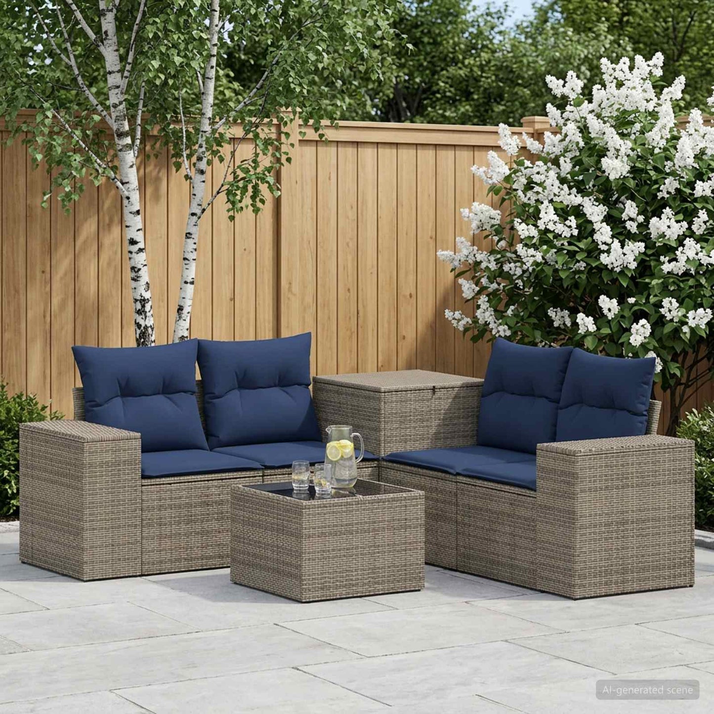 Set di divani 6 pz Grigio e Blu Navy Rattan sintetico e Acciaio | homemem39