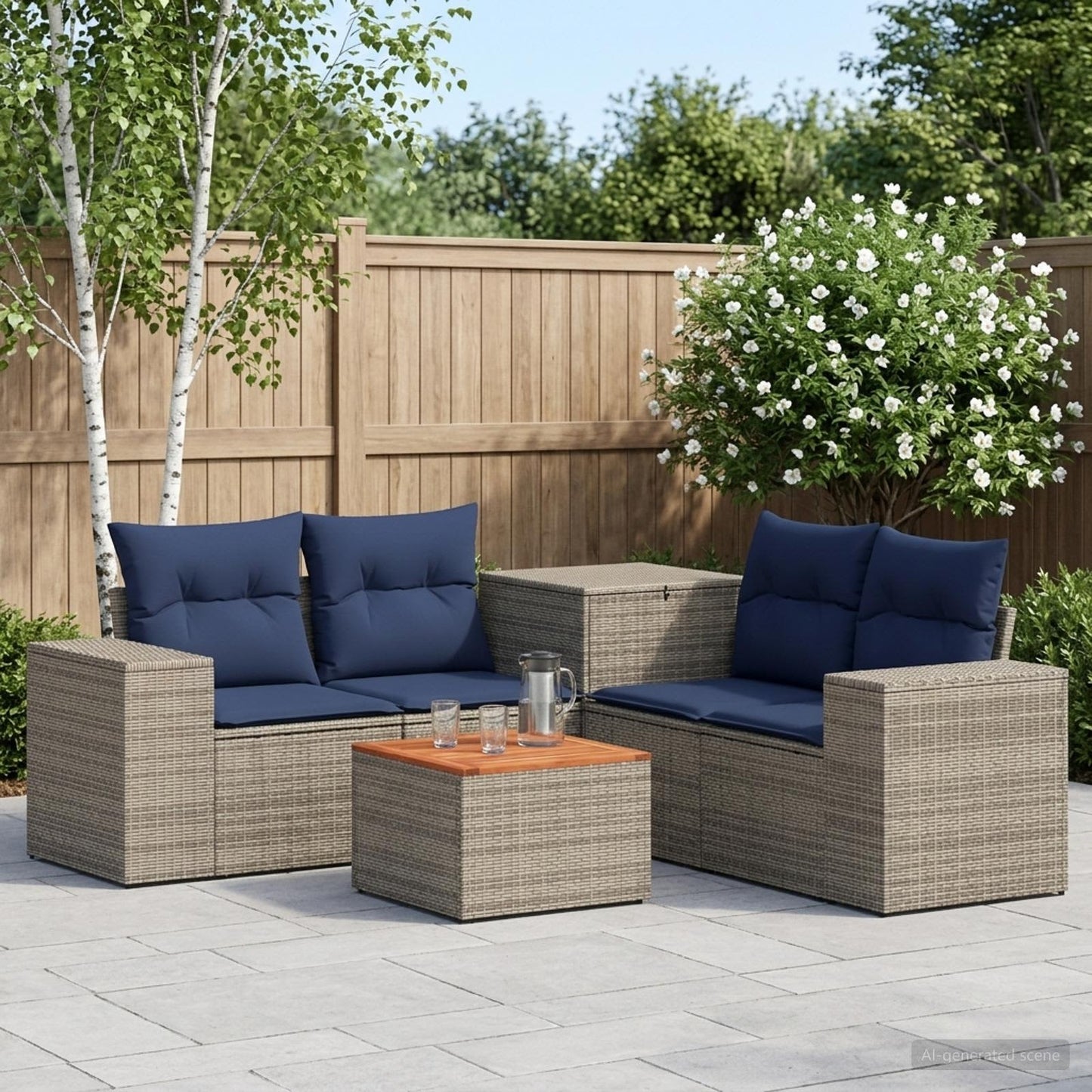Set di divani 6 pz Grigio e Blu Navy Rattan sintetico e Acciaio | homemem39
