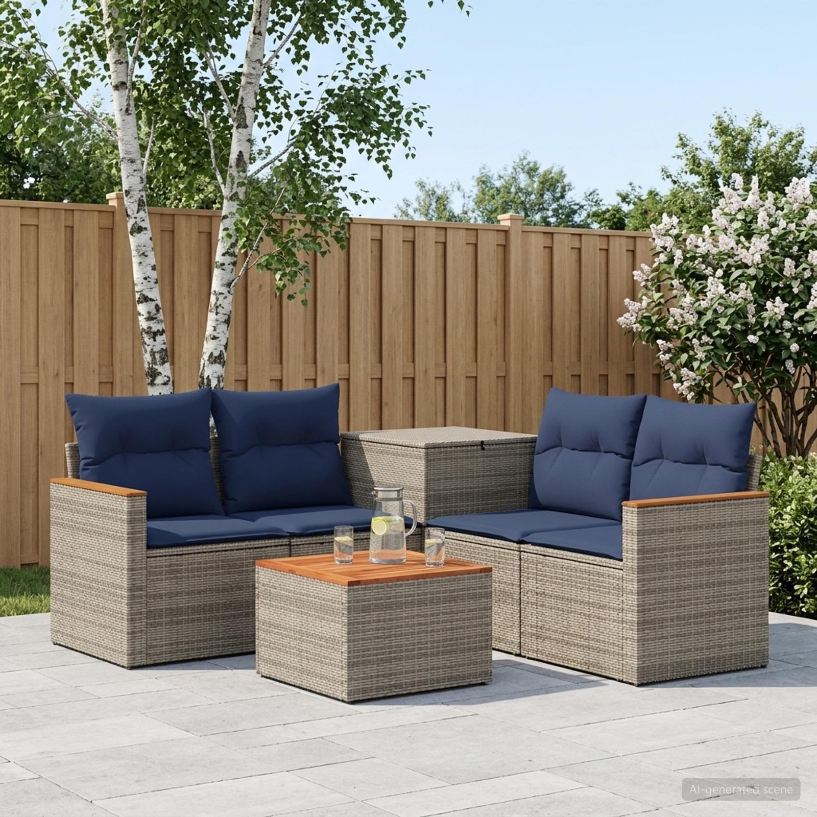Set di divani 6 pz Grigio e Blu Navy Rattan sintetico e Acciaio | homemem39