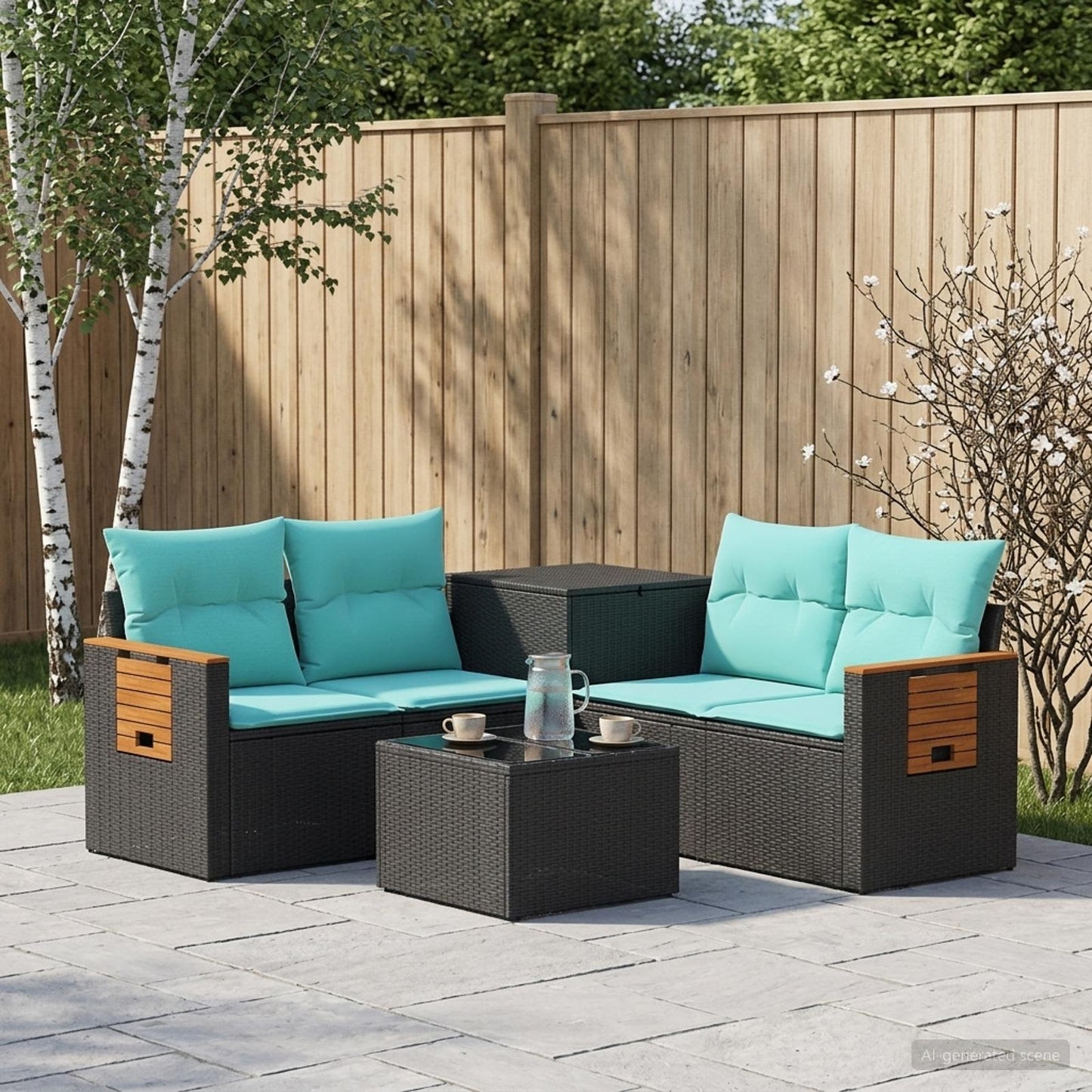 Set di divani 6 pz Nero e Blu Rattan sintetico e Acciaio | homemem39