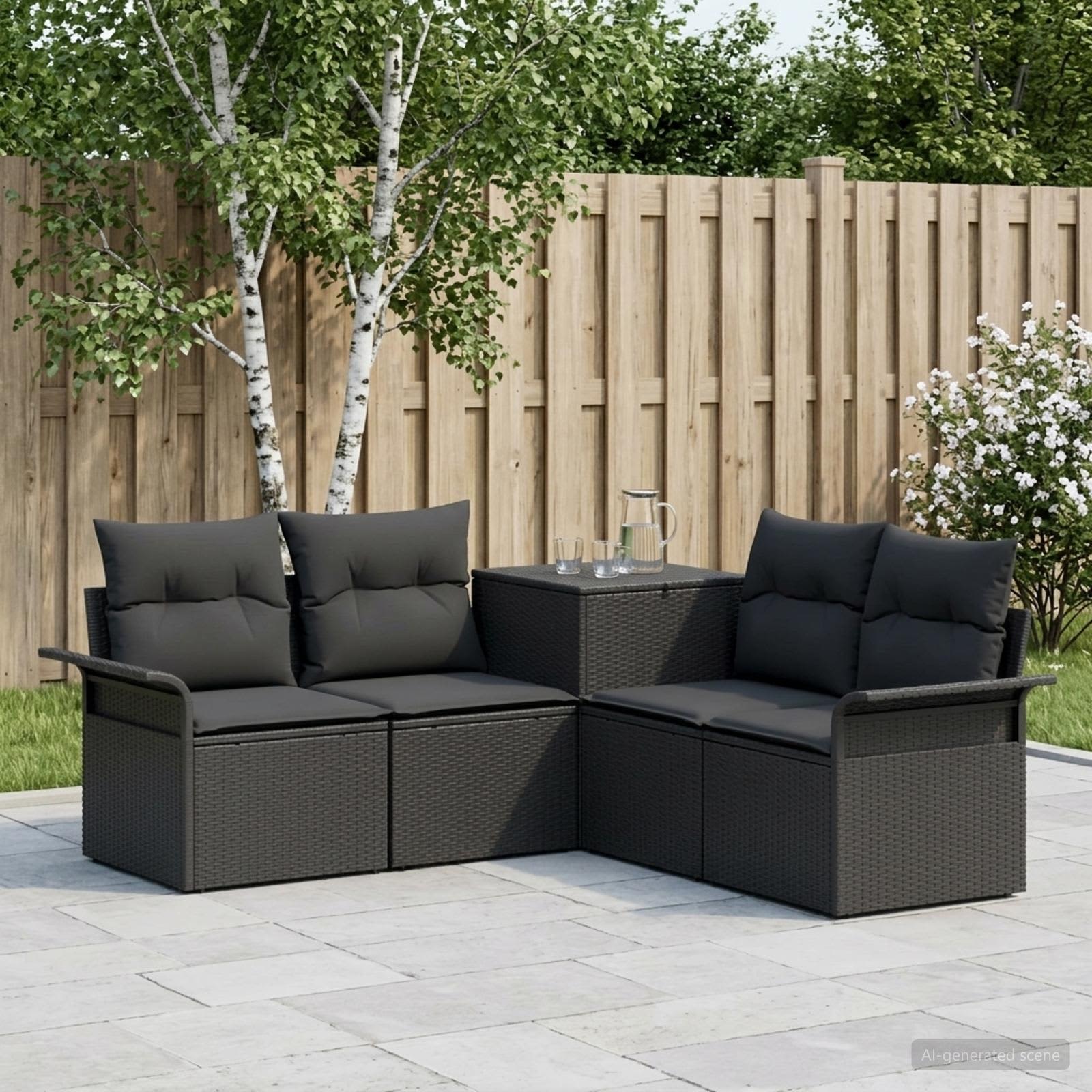 Set di divani 5 pz Nero Rattan sintetico e Acciaio | homemem39