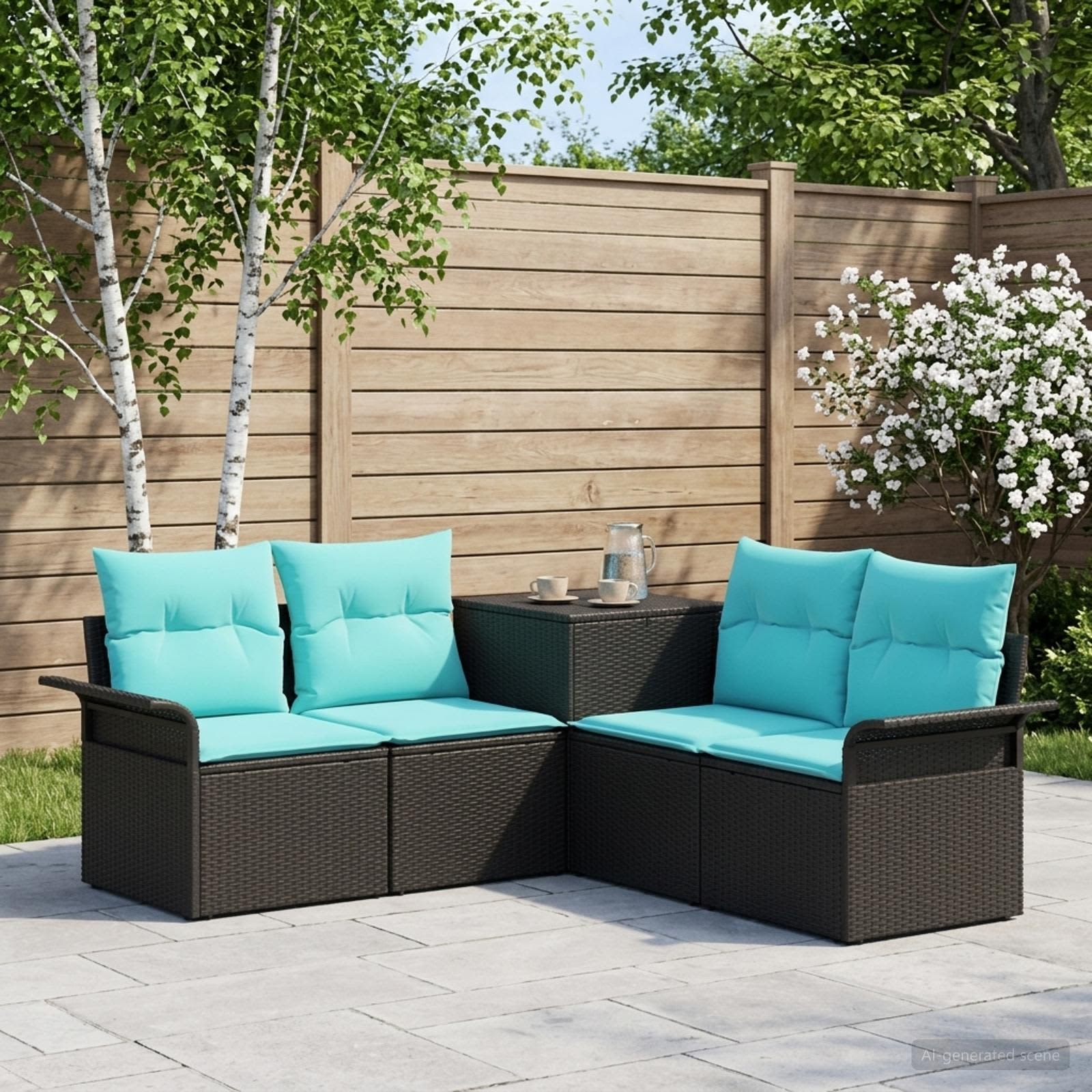Set di divani 5 pz Nero e Blu Rattan sintetico e Acciaio | homemem39