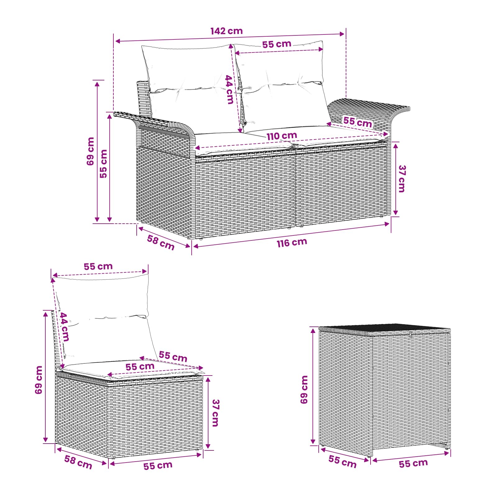 Set di divani 5 pz Marrone e Rosso Rattan sintetico e Acciaio | homemem39