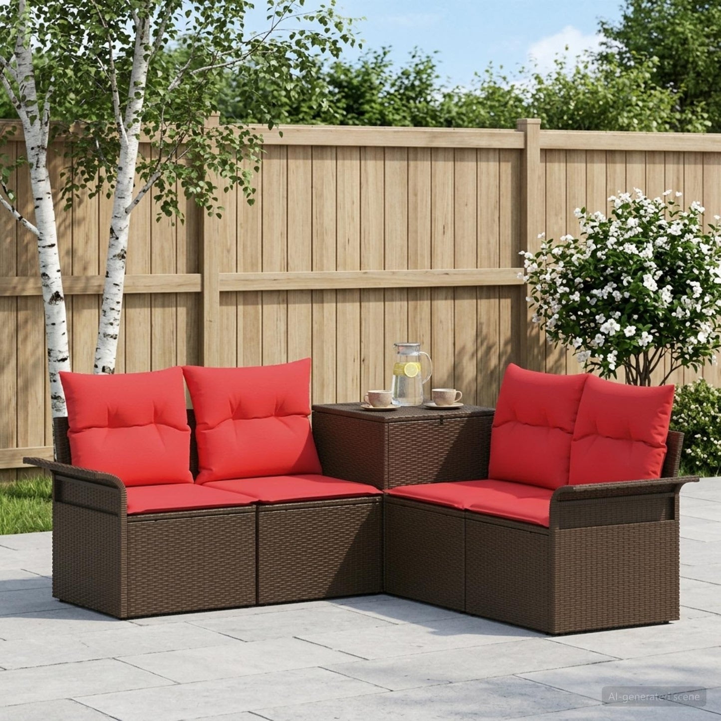 Set di divani 5 pz Marrone e Rosso Rattan sintetico e Acciaio