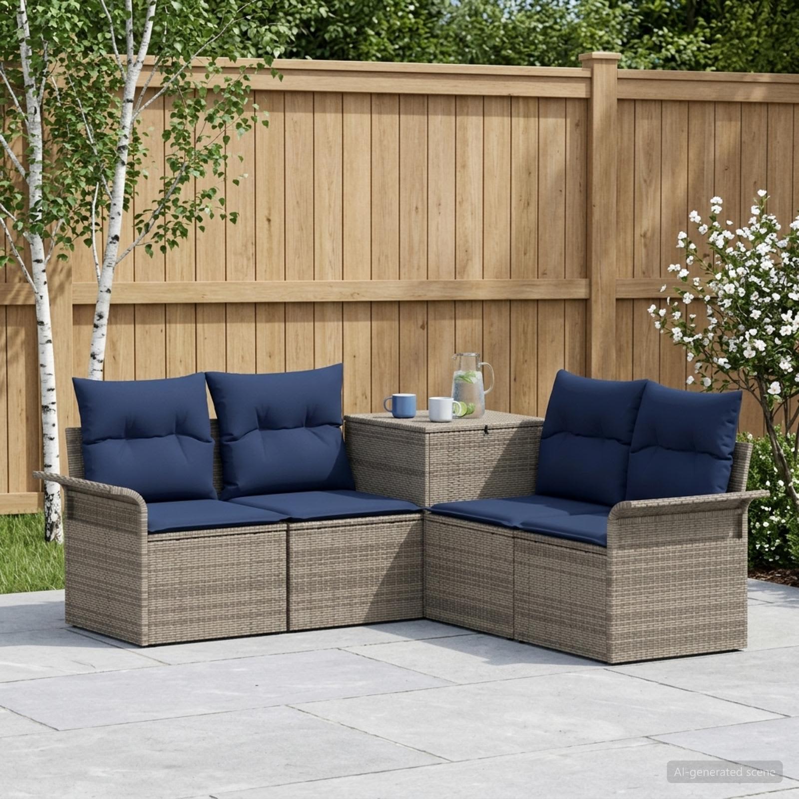 Set di divani 5 pz Grigio e Blu Navy Rattan sintetico e Acciaio | homemem39