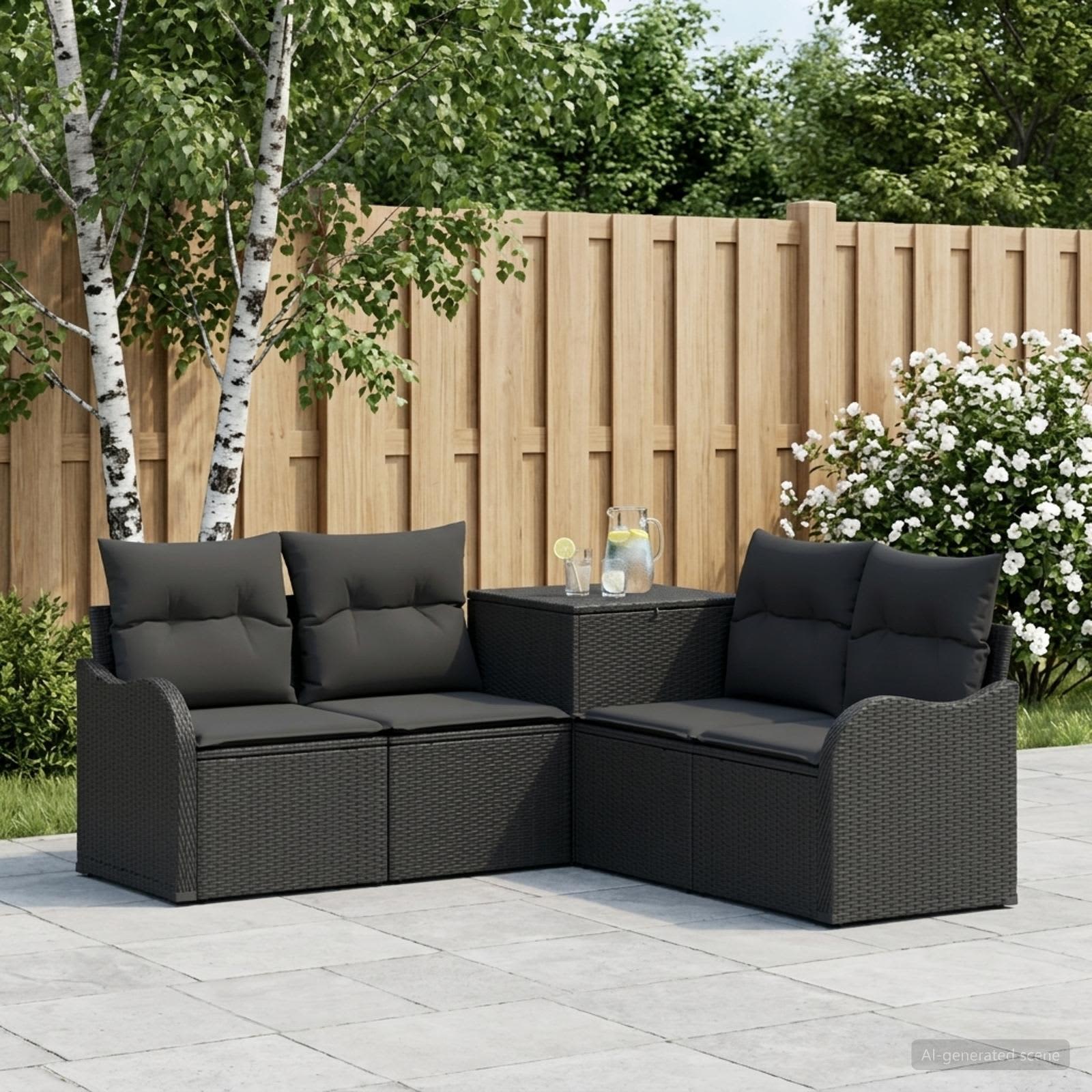 Set di divani 5 pz Nero Rattan sintetico e Acciaio | homemem39