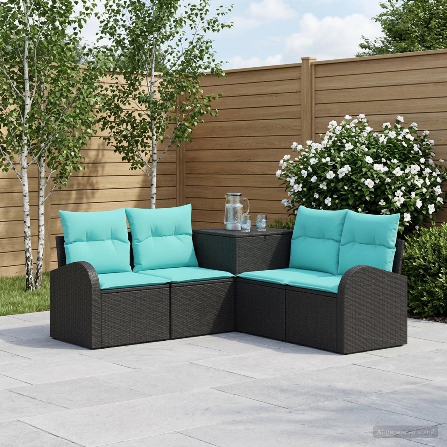 Set di divani 5 pz Nero e Blu Rattan sintetico e Acciaio
