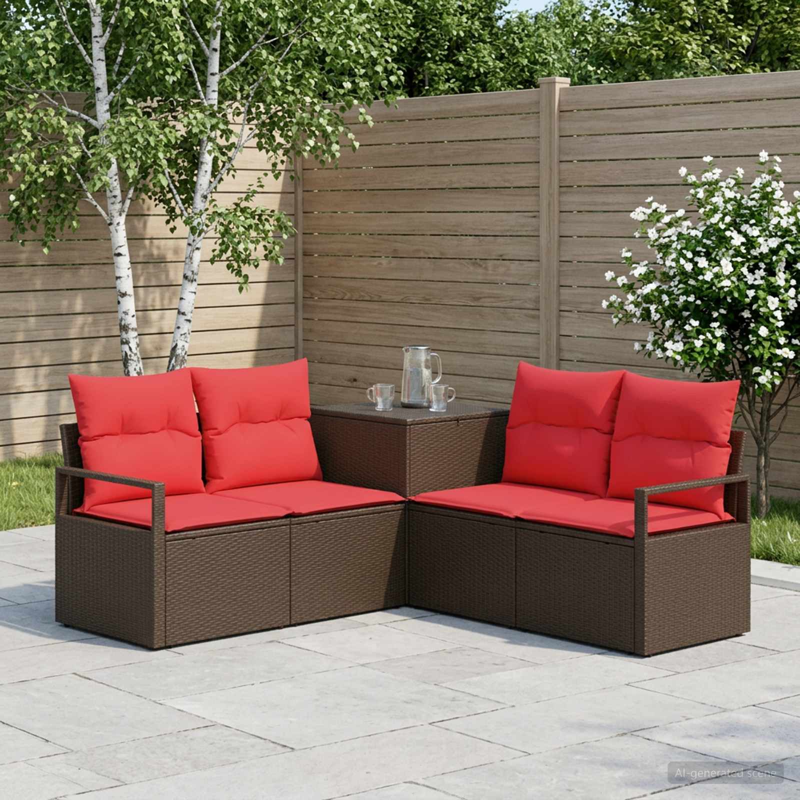 Set di divani 5 pz Marrone e Rosso Rattan sintetico e Acciaio | homemem39