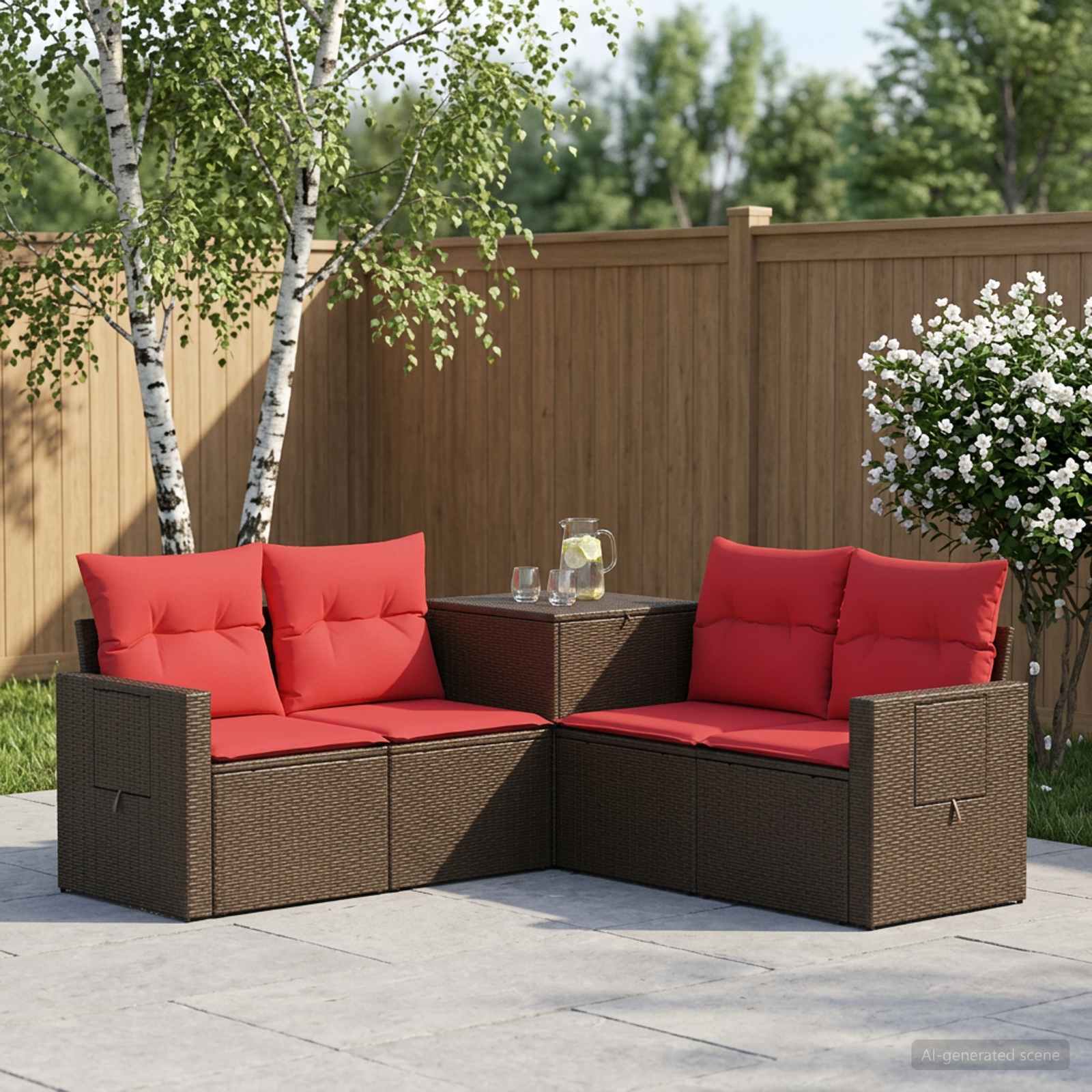 Set di divani 5 pz Marrone e Rosso Rattan sintetico e Acciaio | homemem39