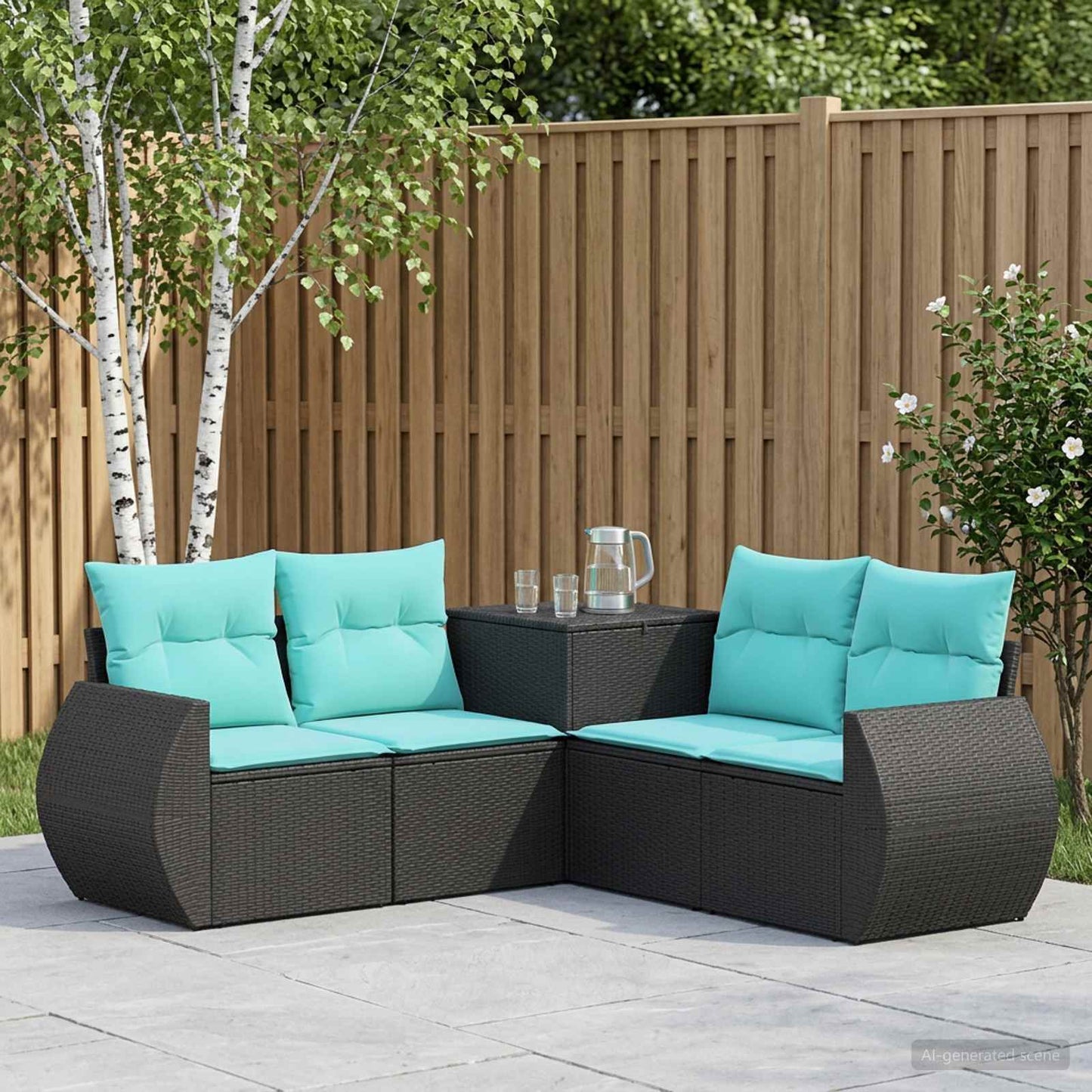 Set di divani 5 pz Nero e Blu Rattan sintetico e Acciaio
