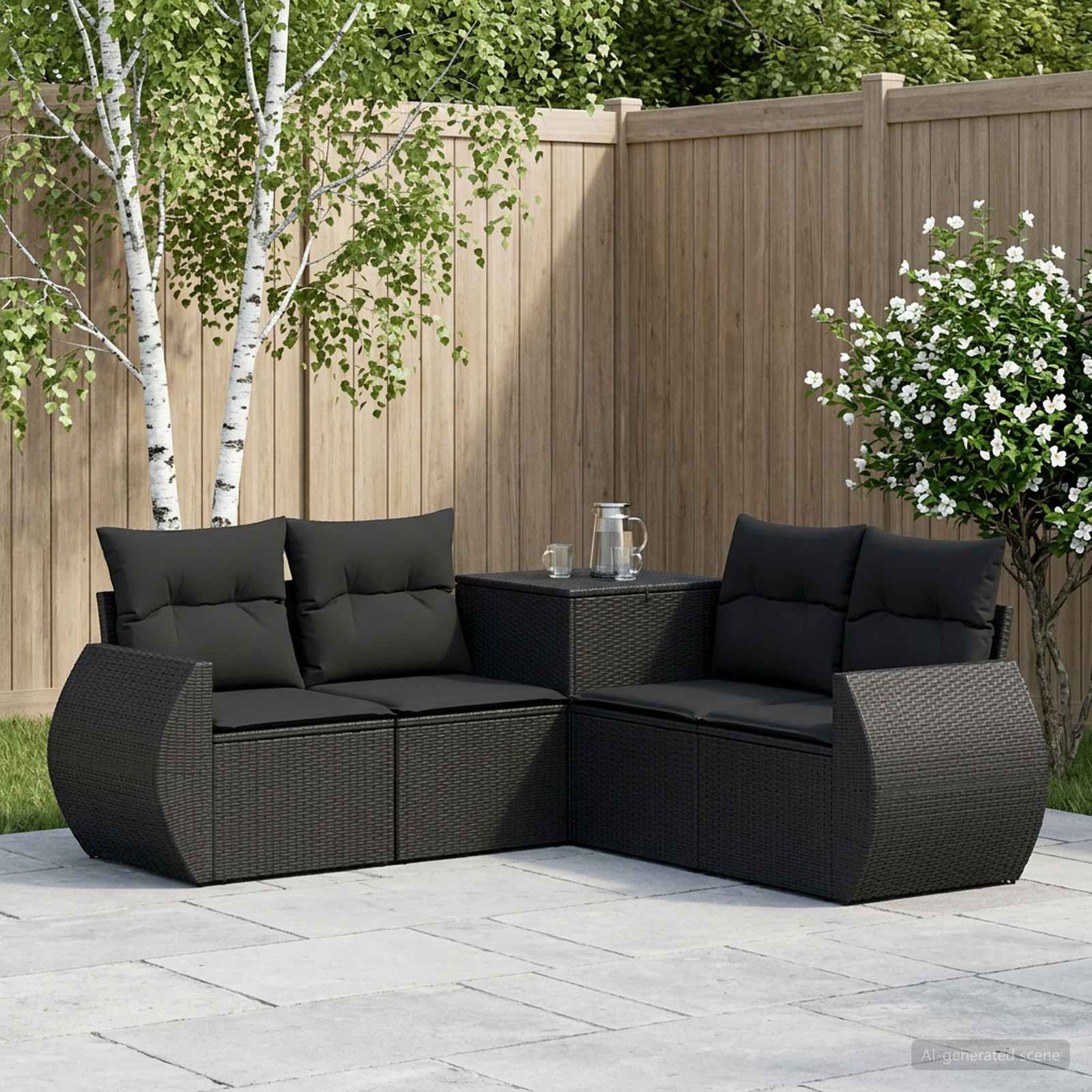 Set di divani 5 pz Nero Rattan sintetico e Acciaio | homemem39