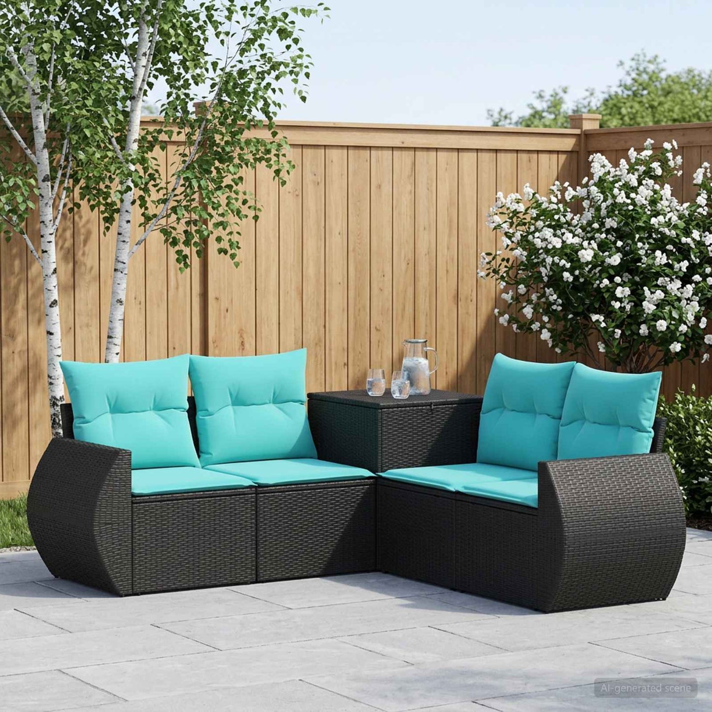 Set di divani 5 pz Nero e Blu Rattan sintetico e Acciaio