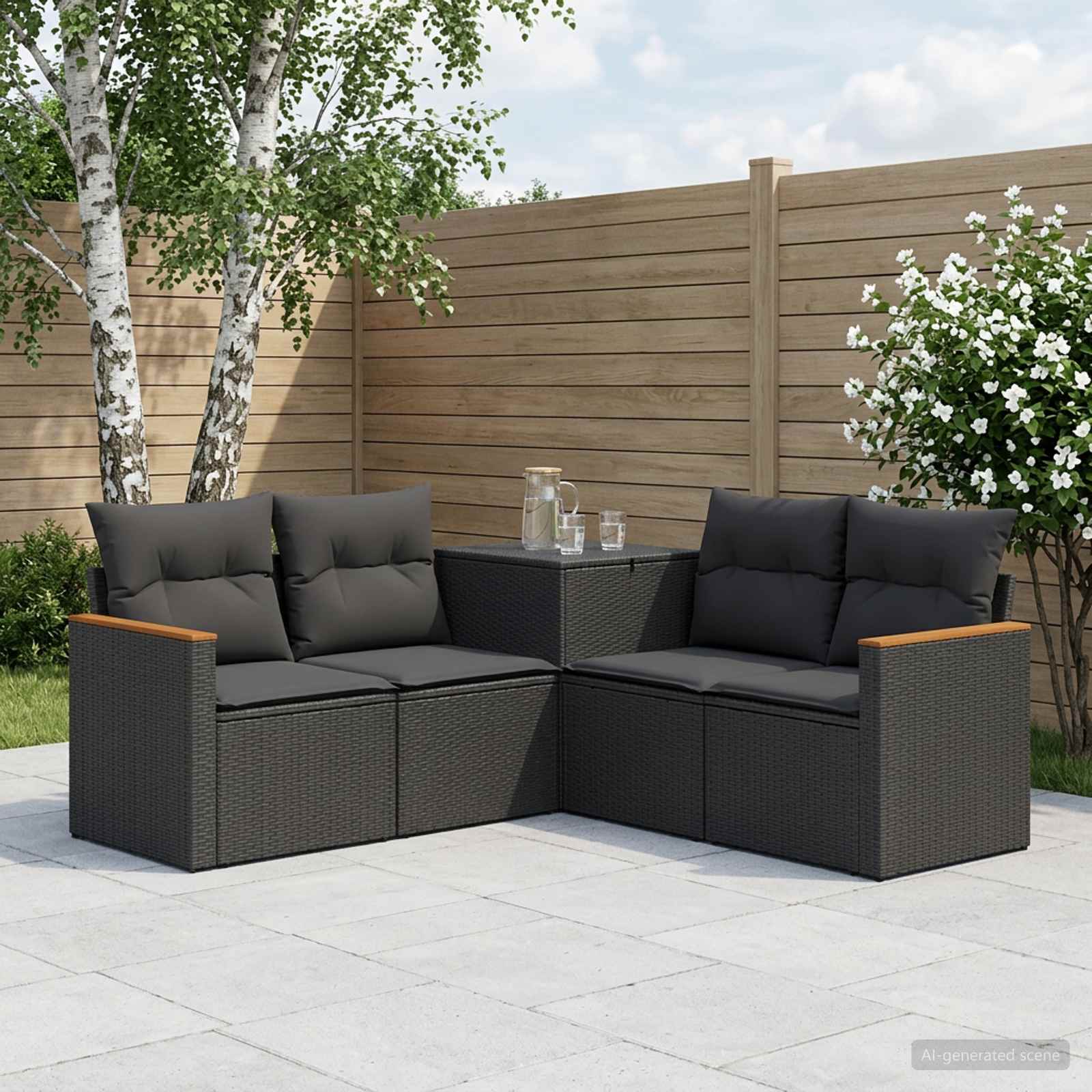 Set di divani 5 pz Nero Rattan sintetico e Acciaio | homemem39