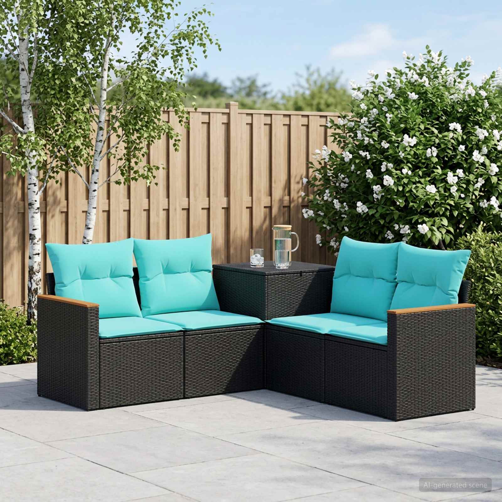 Set di divani 5 pz Nero e Blu Rattan sintetico e Acciaio | homemem39