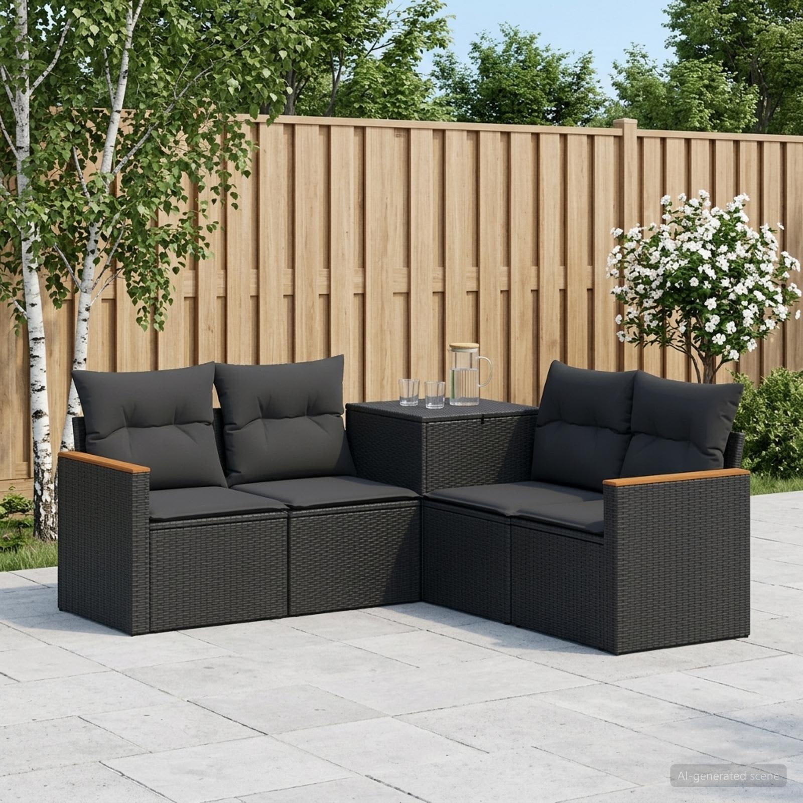 Set di divani 5 pz Nero Rattan sintetico e Acciaio | homemem39