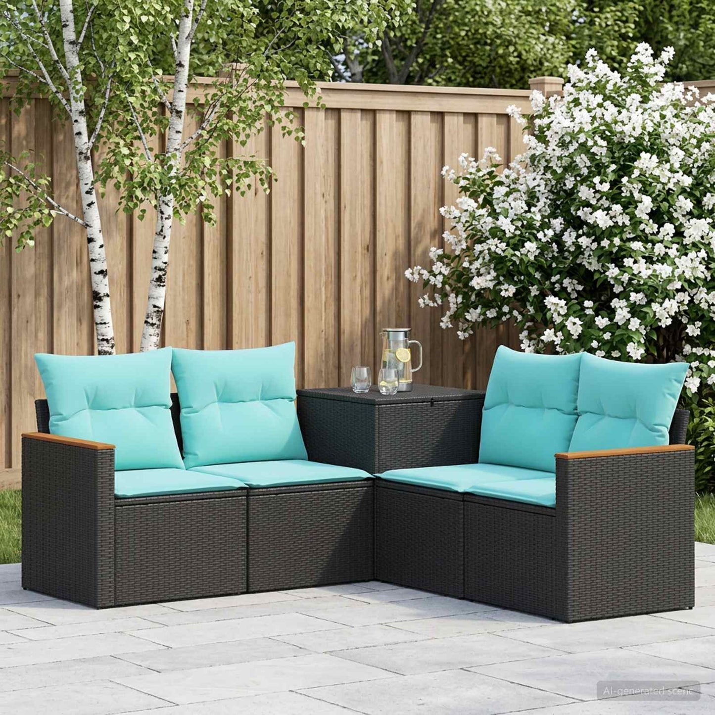 Set di divani 5 pz Nero e Blu Rattan sintetico e Acciaio | homemem39