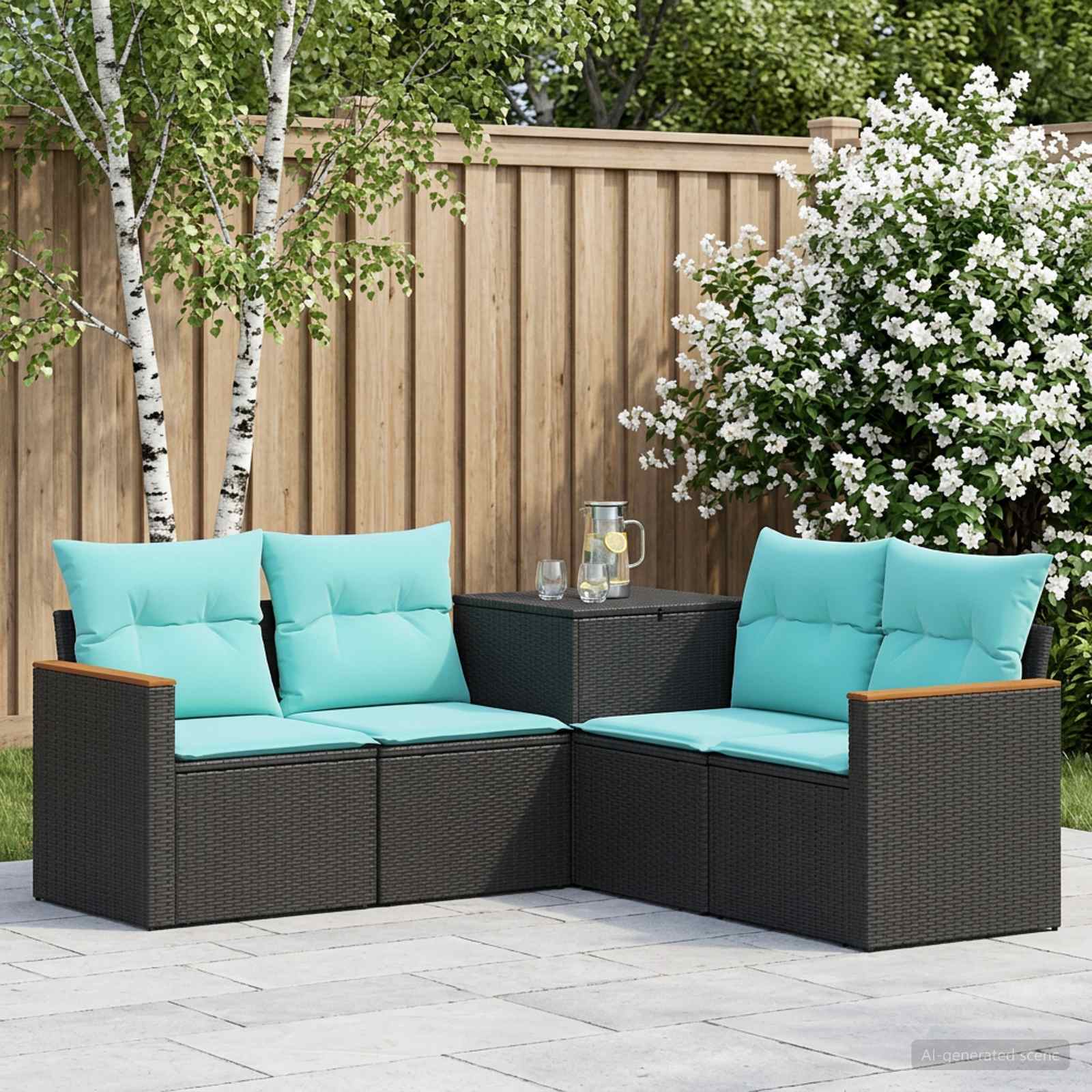 Set di divani 5 pz Nero e Blu Rattan sintetico e Acciaio | homemem39