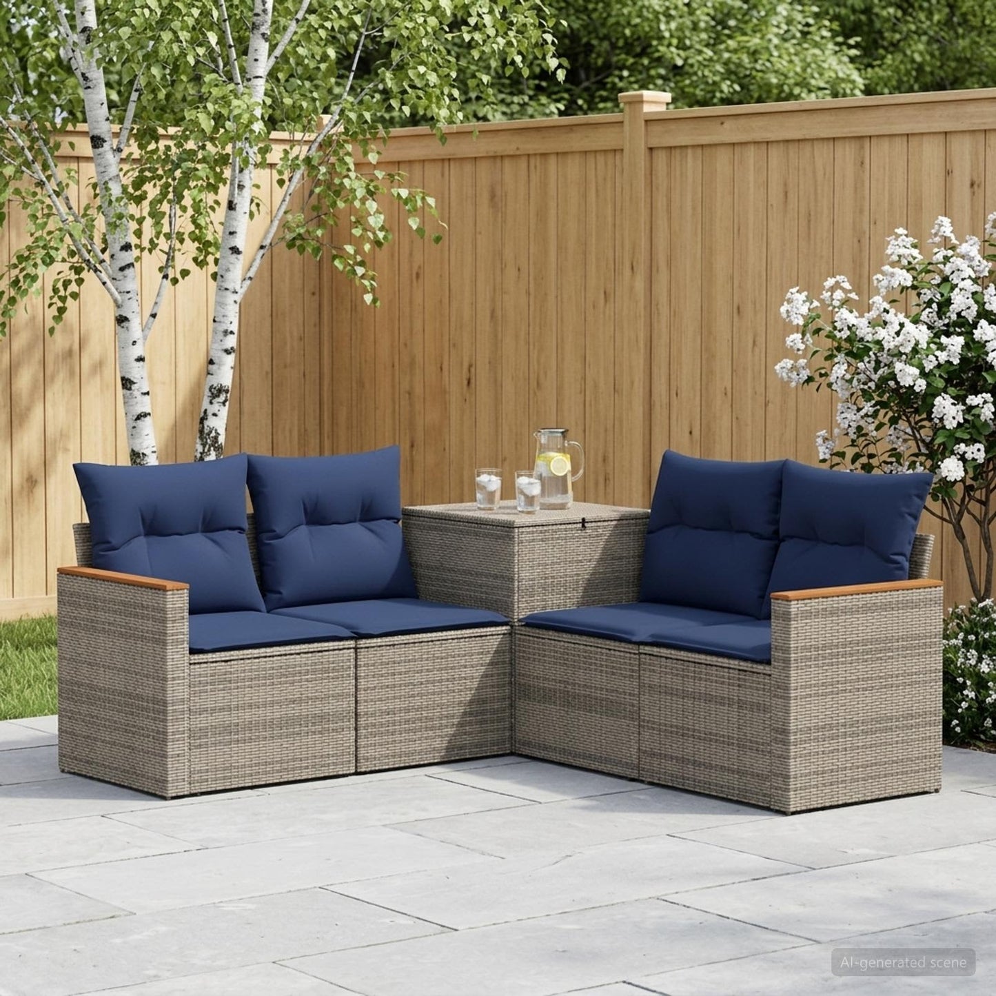Set di divani 5 pz Grigio e Blu Navy Rattan sintetico e Acciaio | homemem39