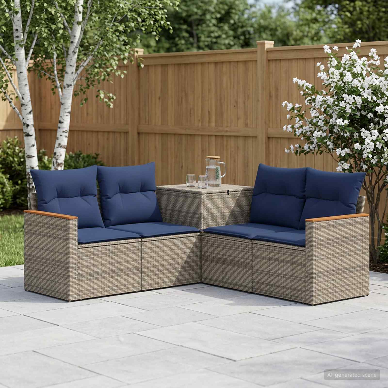 Set di divani 5 pz Grigio e Blu Navy Rattan sintetico e Acciaio | homemem39