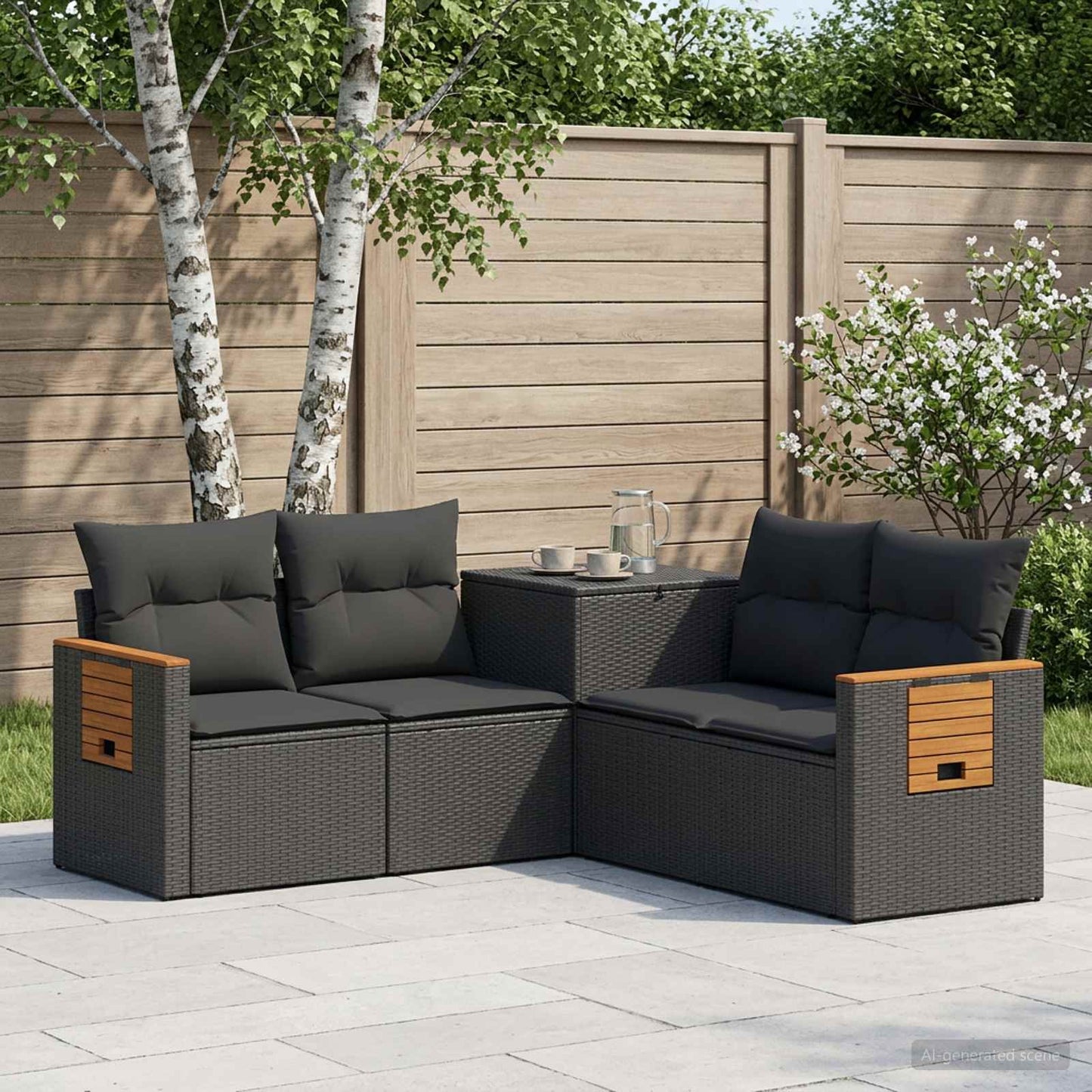 Set di divani 5 pz Nero Rattan sintetico e Acciaio