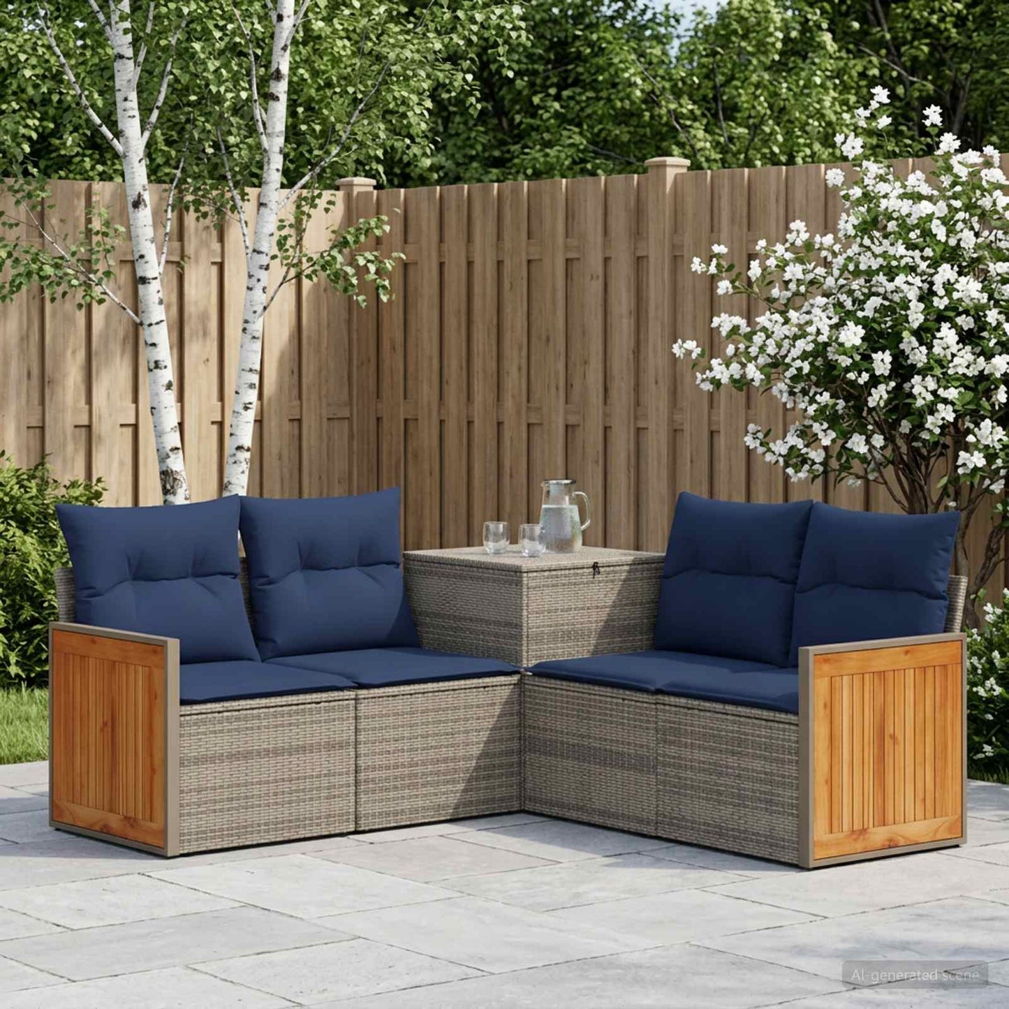 Set di divani 5 pz Grigio e Blu Navy Rattan sintetico e Acciaio | homemem39