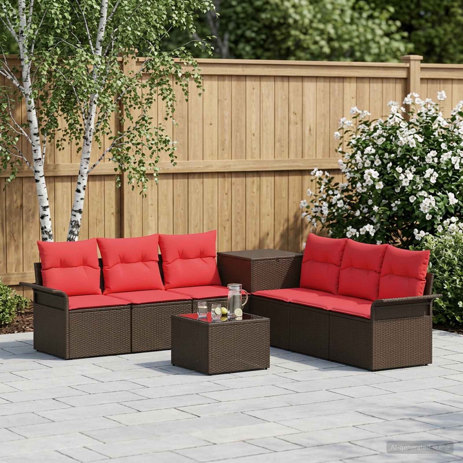 Set di divani 8 pz Marrone e Rosso Rattan sintetico e Acciaio | homemem39