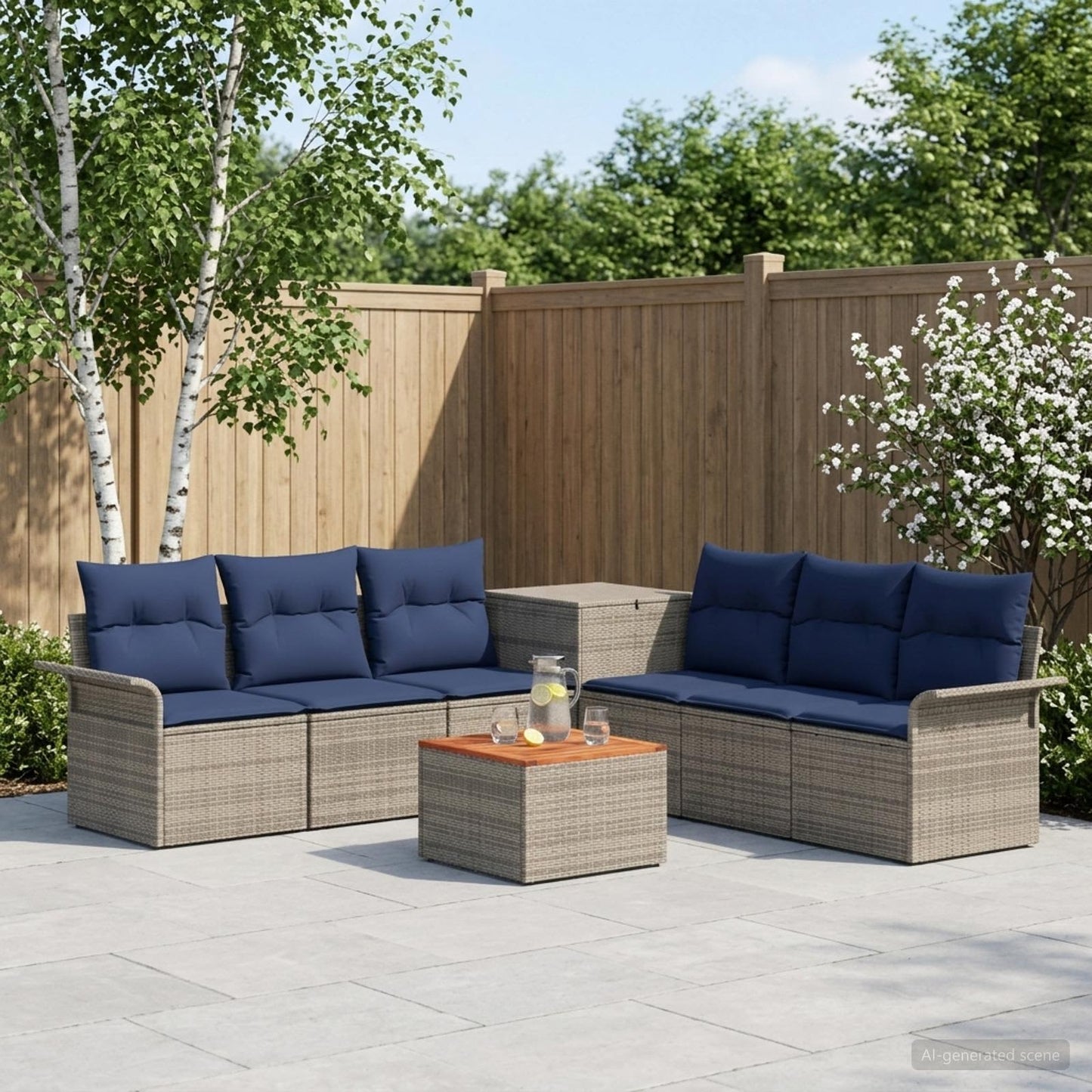 Set di divani 8 pz Grigio e Blu Navy Rattan sintetico e Acciaio | homemem39