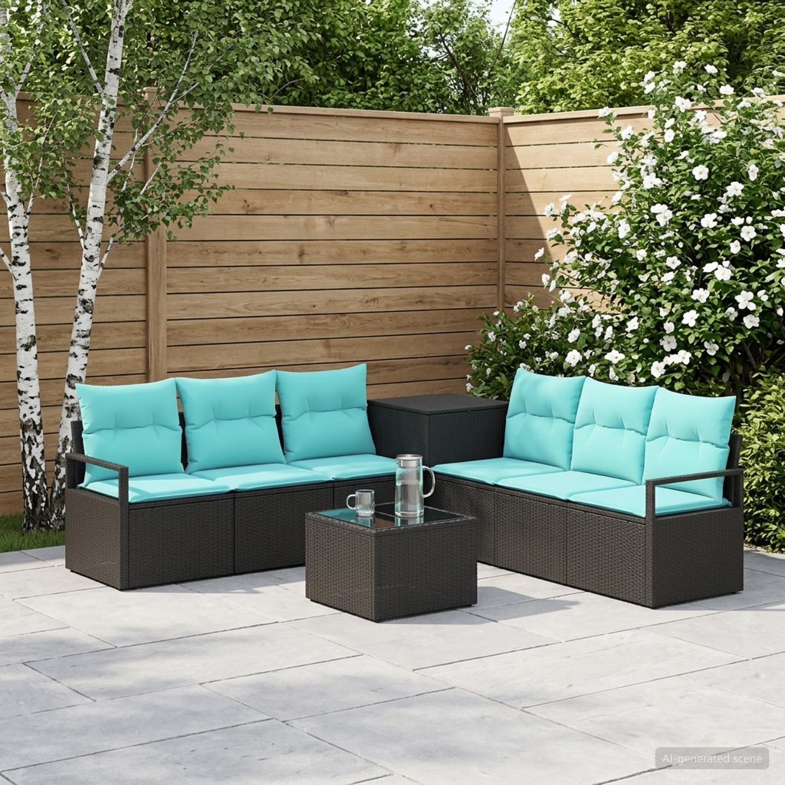 Set di divani 8 pz Nero e Blu Rattan sintetico e Acciaio | homemem39