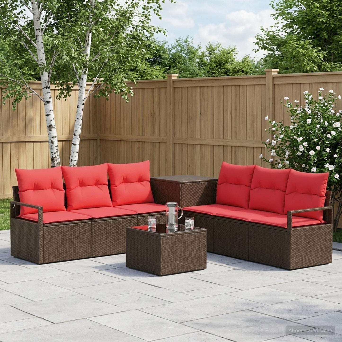 Set di divani 8 pz Marrone e Rosso Rattan sintetico e Acciaio