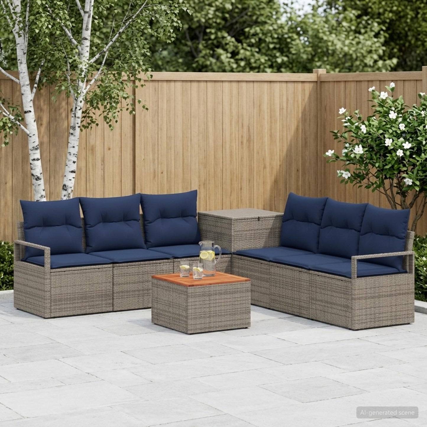 Set di divani 8 pz Grigio e Blu Navy Rattan sintetico e Acciaio | homemem39