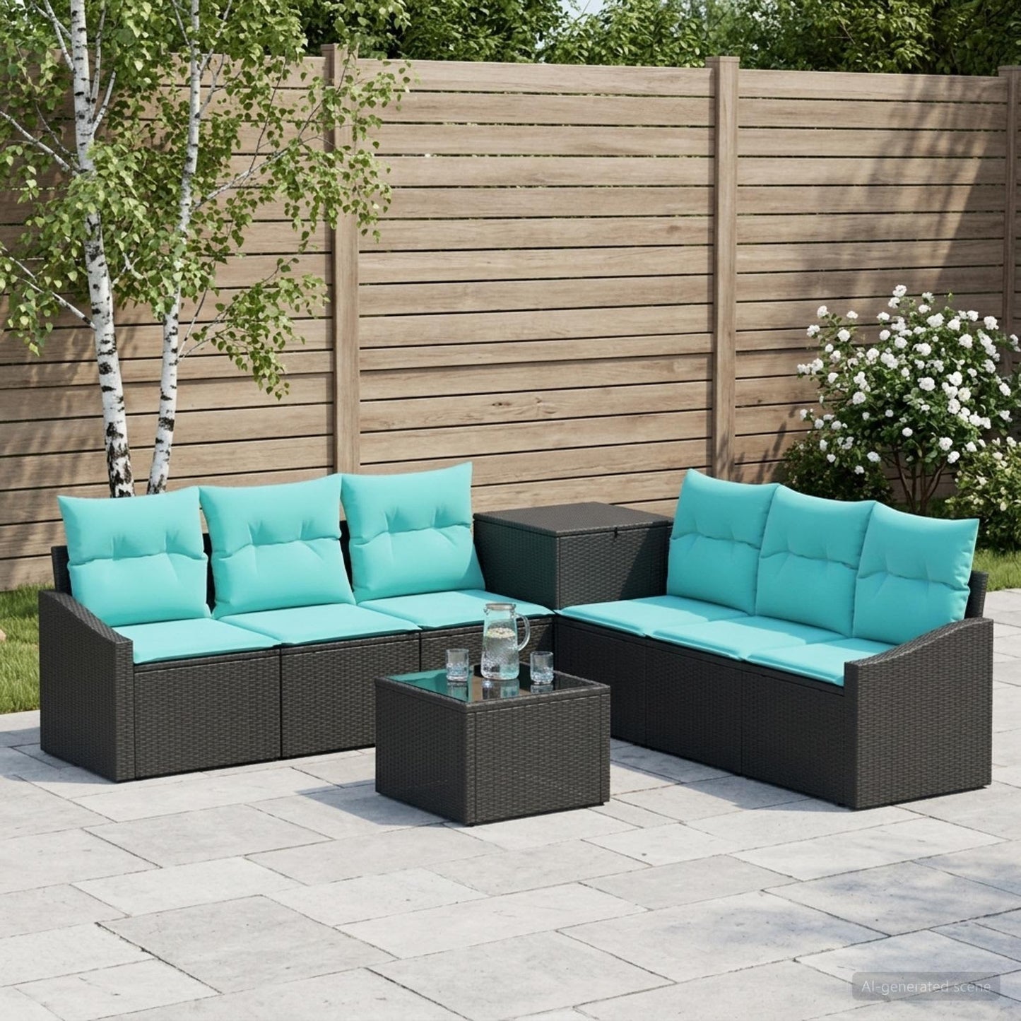 Set di divani 8 pz Nero e Blu Rattan sintetico e Acciaio | homemem39