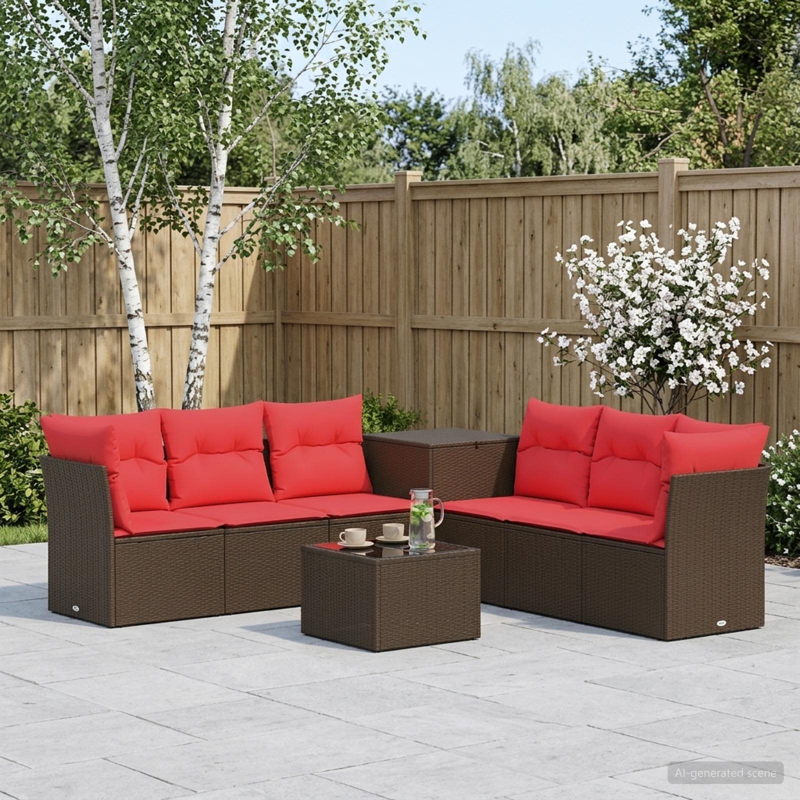 Set di divani 8 pz Marrone e Rosso Rattan sintetico e Acciaio | homemem39