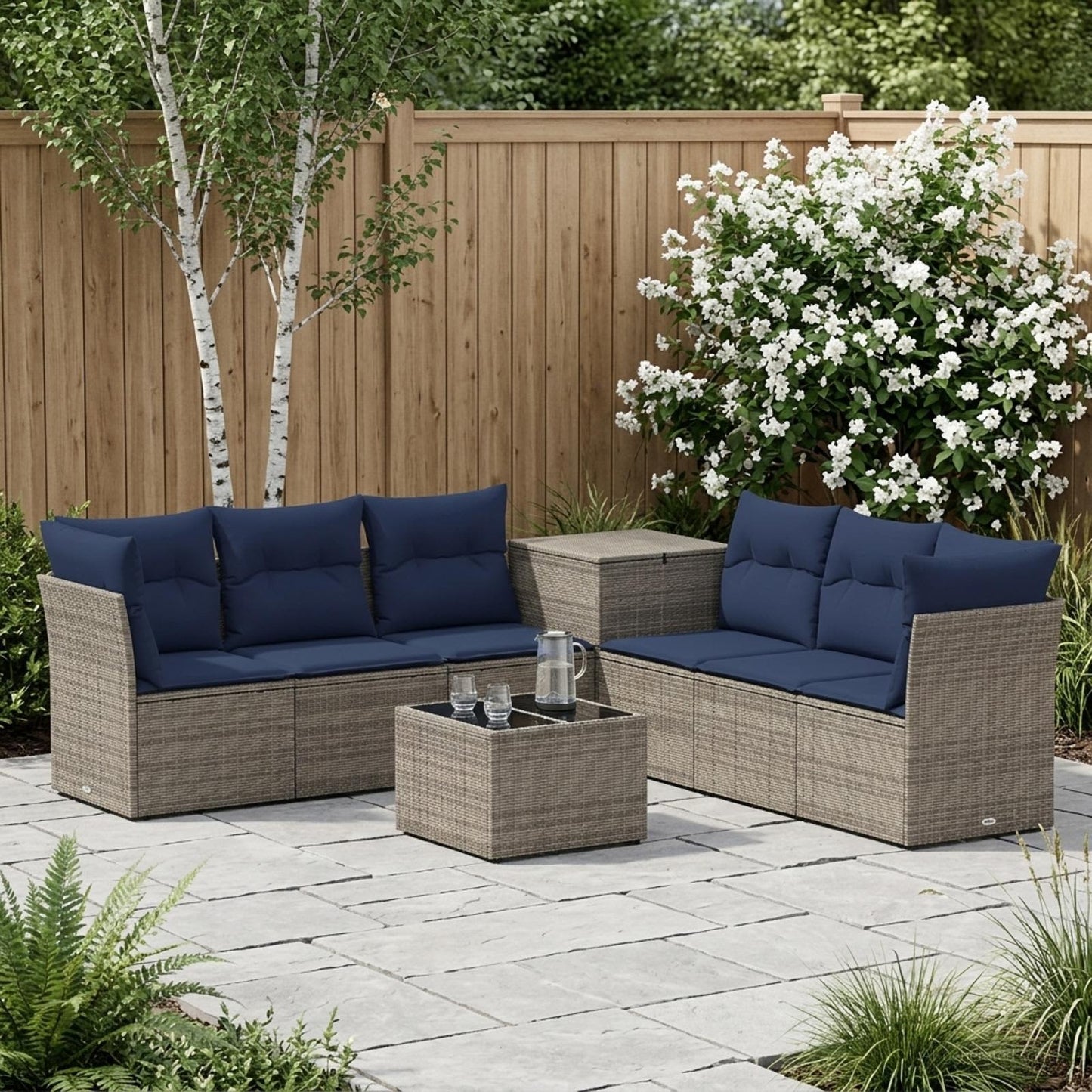 Set di divani 8 pz Grigio e Blu Navy Rattan sintetico e Acciaio | homemem39