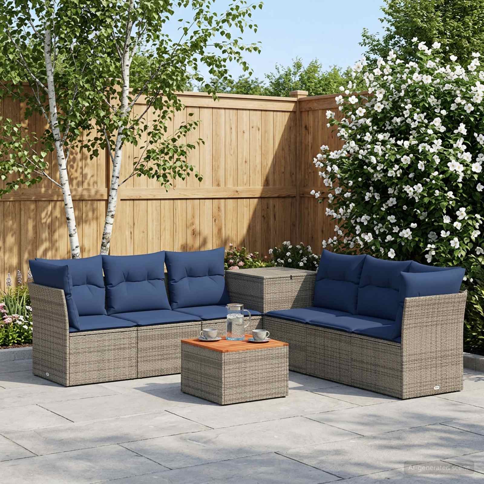 Set di divani 8 pz Grigio e Blu Navy Rattan sintetico e Acciaio | homemem39