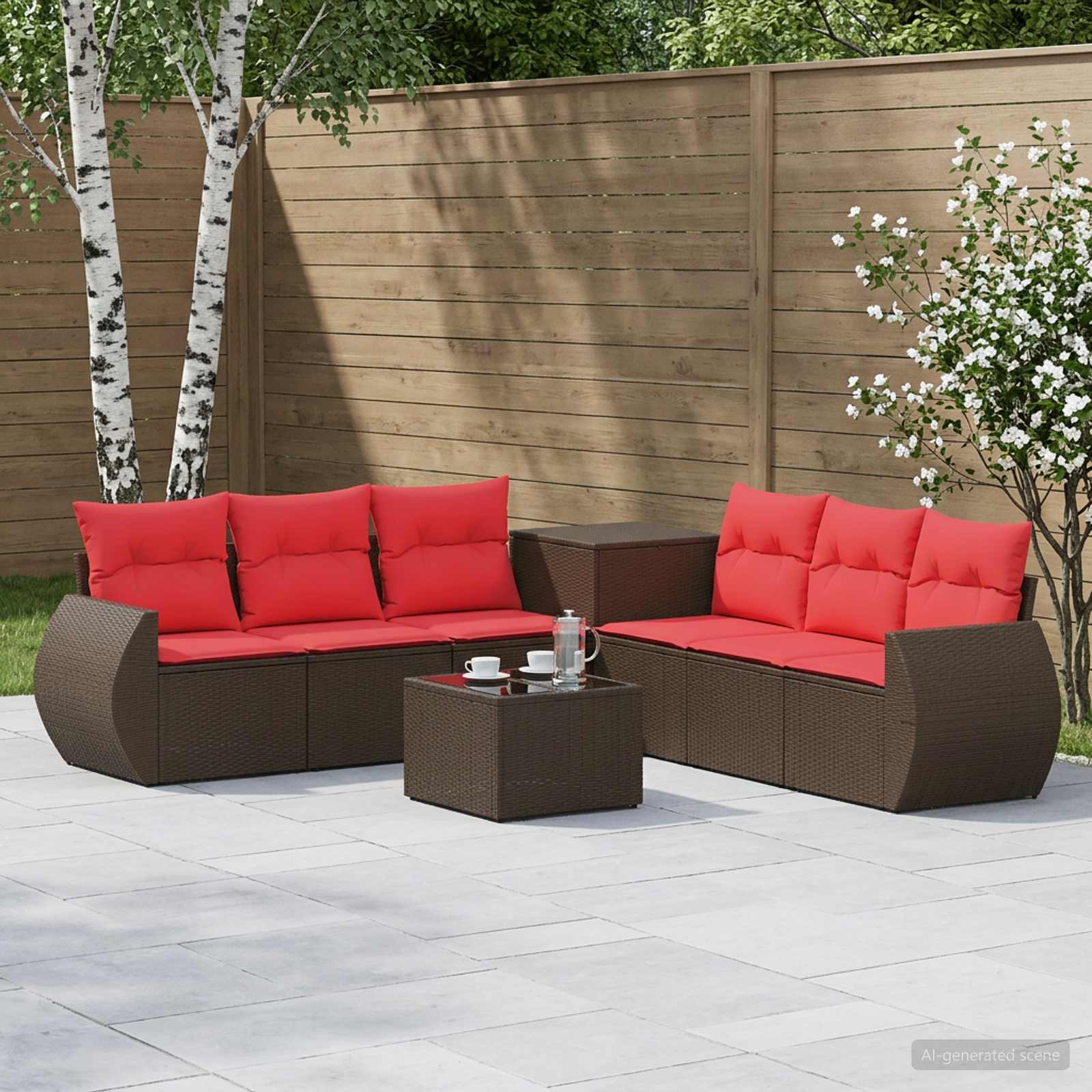Set di divani 8 pz Marrone e Rosso Rattan sintetico e Acciaio | homemem39