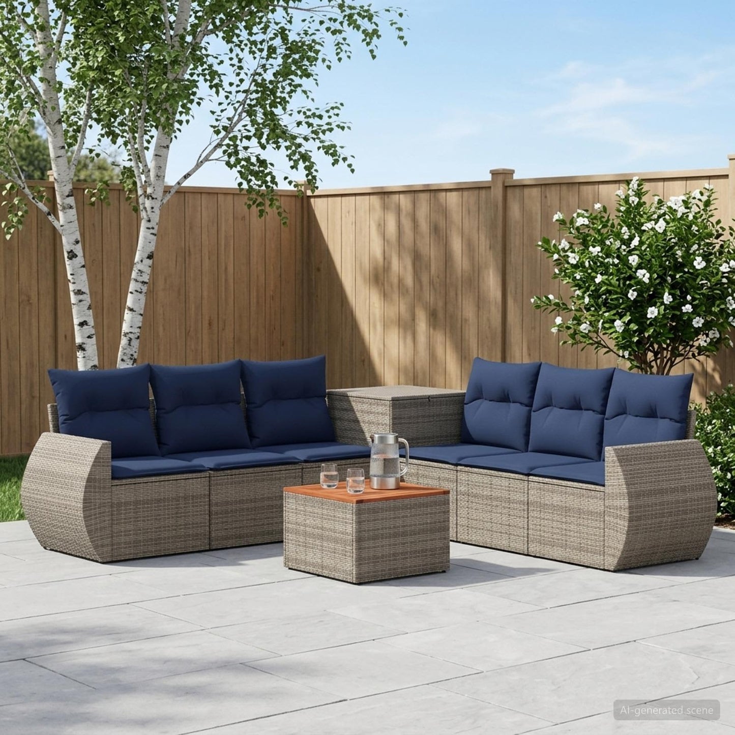Set di divani 8 pz Grigio e Blu Navy Rattan sintetico e Acciaio | homemem39