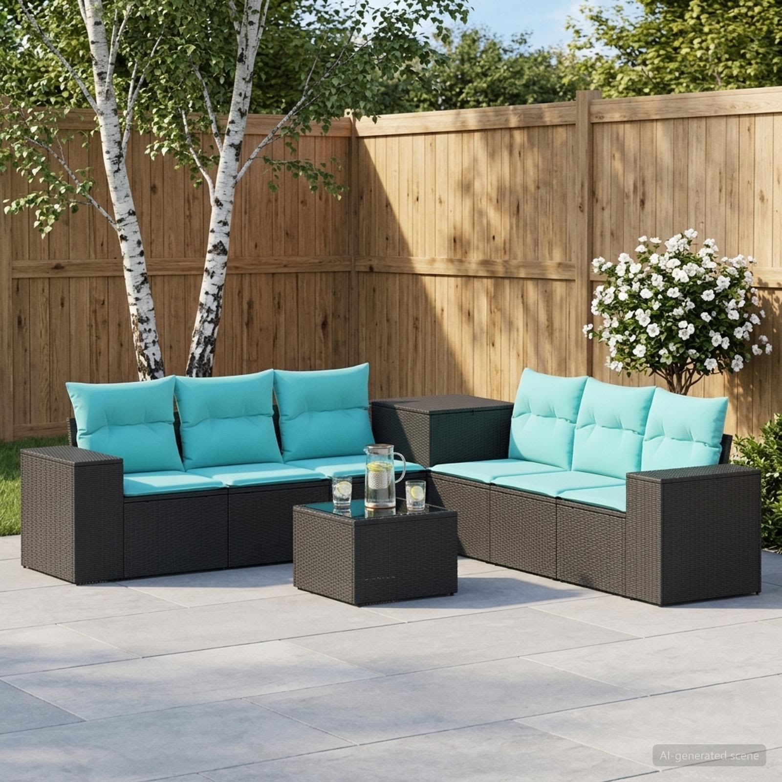 Set di divani 8 pz Nero e Blu Rattan sintetico e Acciaio | homemem39