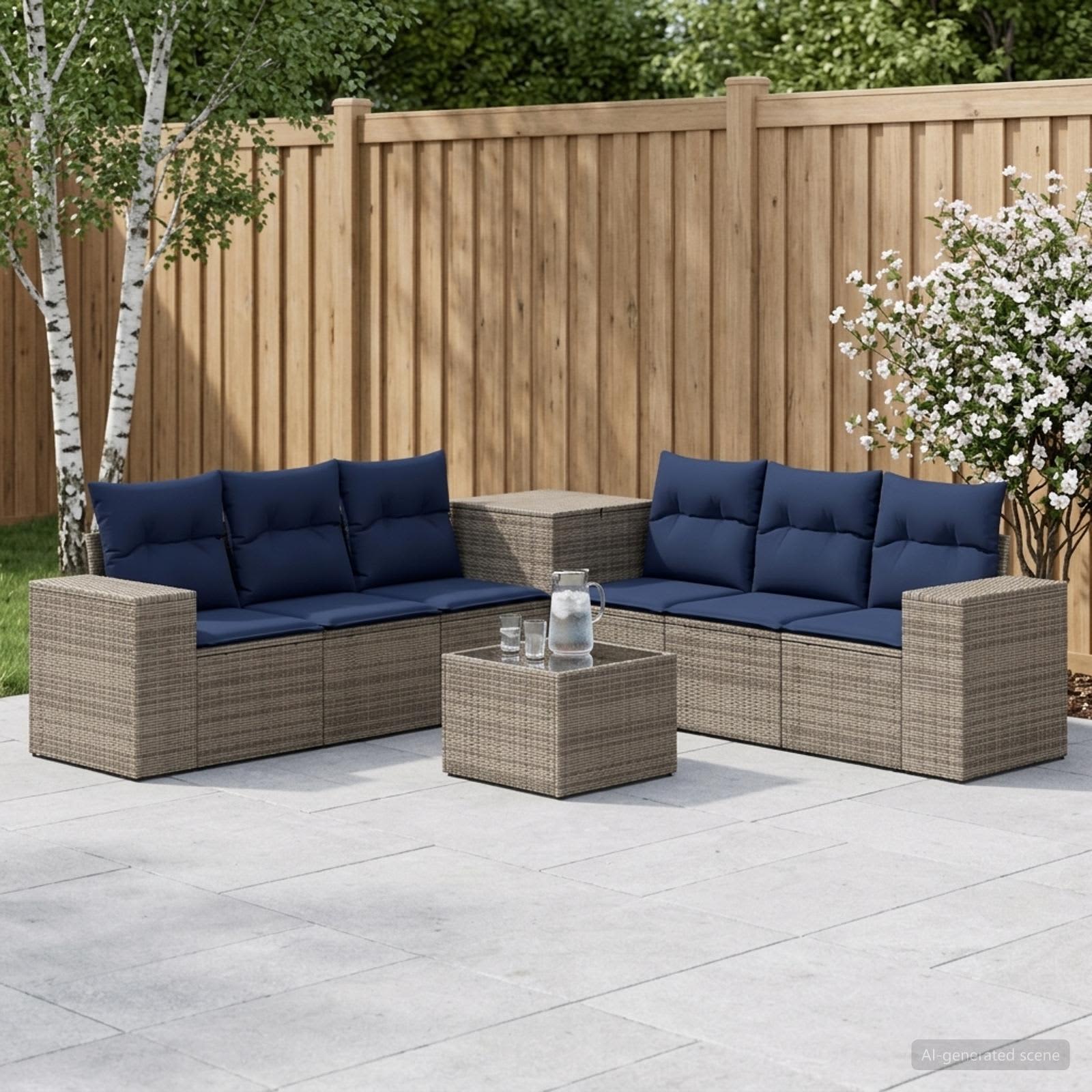 Set di divani 8 pz Grigio e Blu Navy Rattan sintetico e Acciaio | homemem39