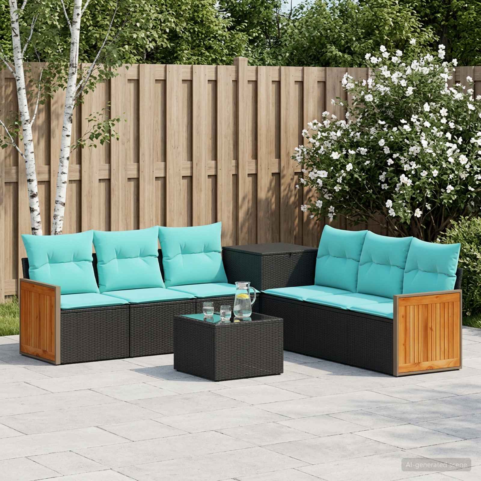 Set di divani 8 pz Nero e Blu Rattan sintetico e Acciaio | homemem39