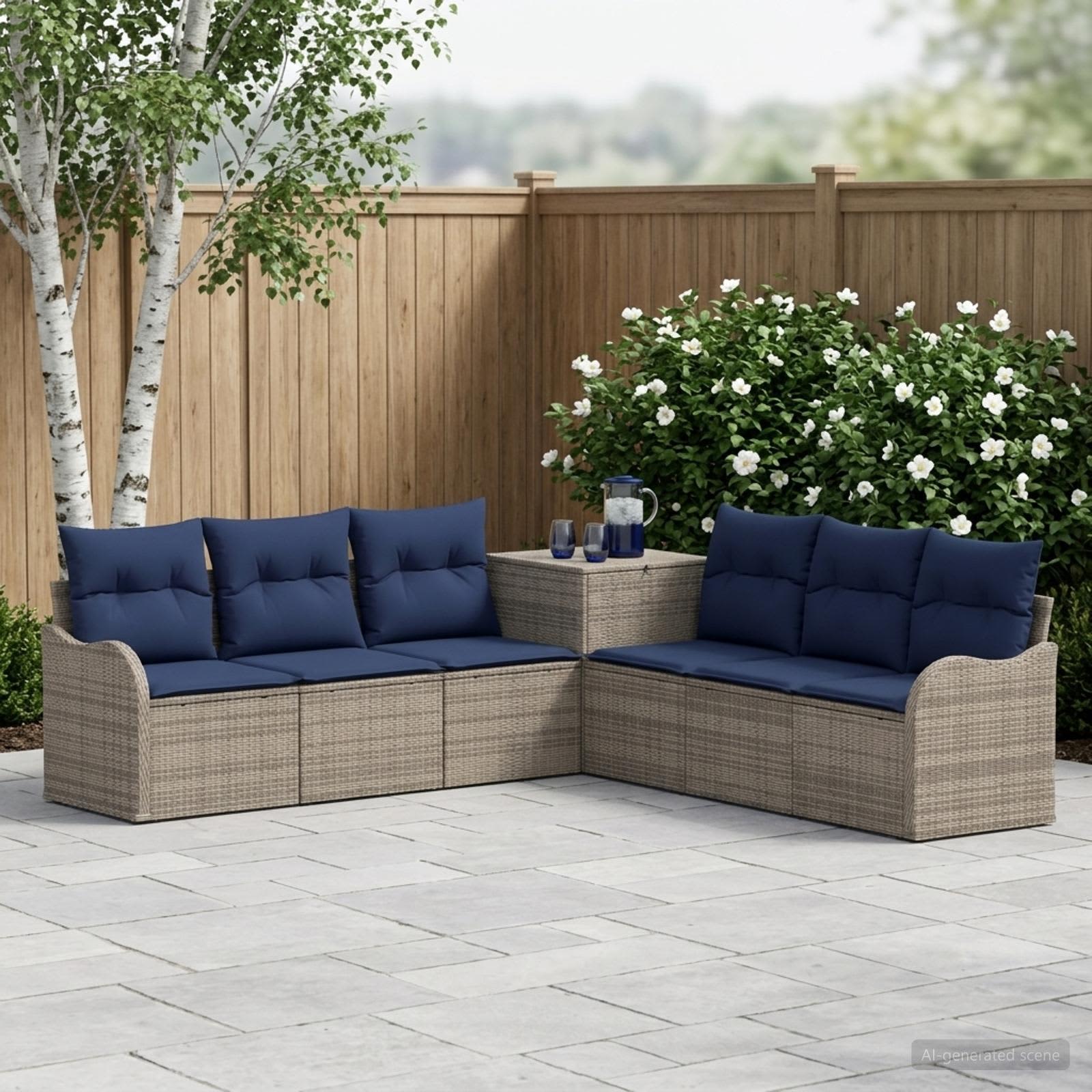 Set di divani 7 pz Grigio e Blu Navy Rattan sintetico e Acciaio | homemem39