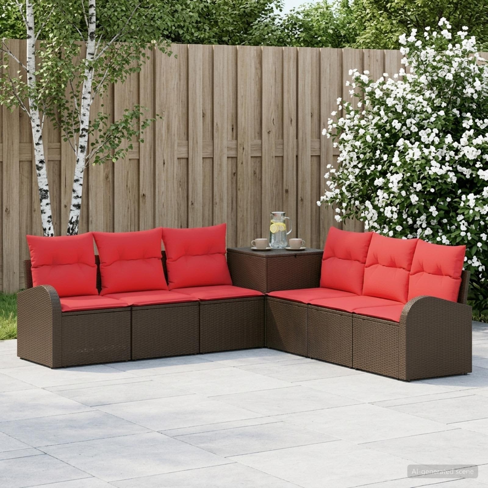 Set di divani 7 pz Marrone e Rosso Rattan sintetico e Acciaio | homemem39