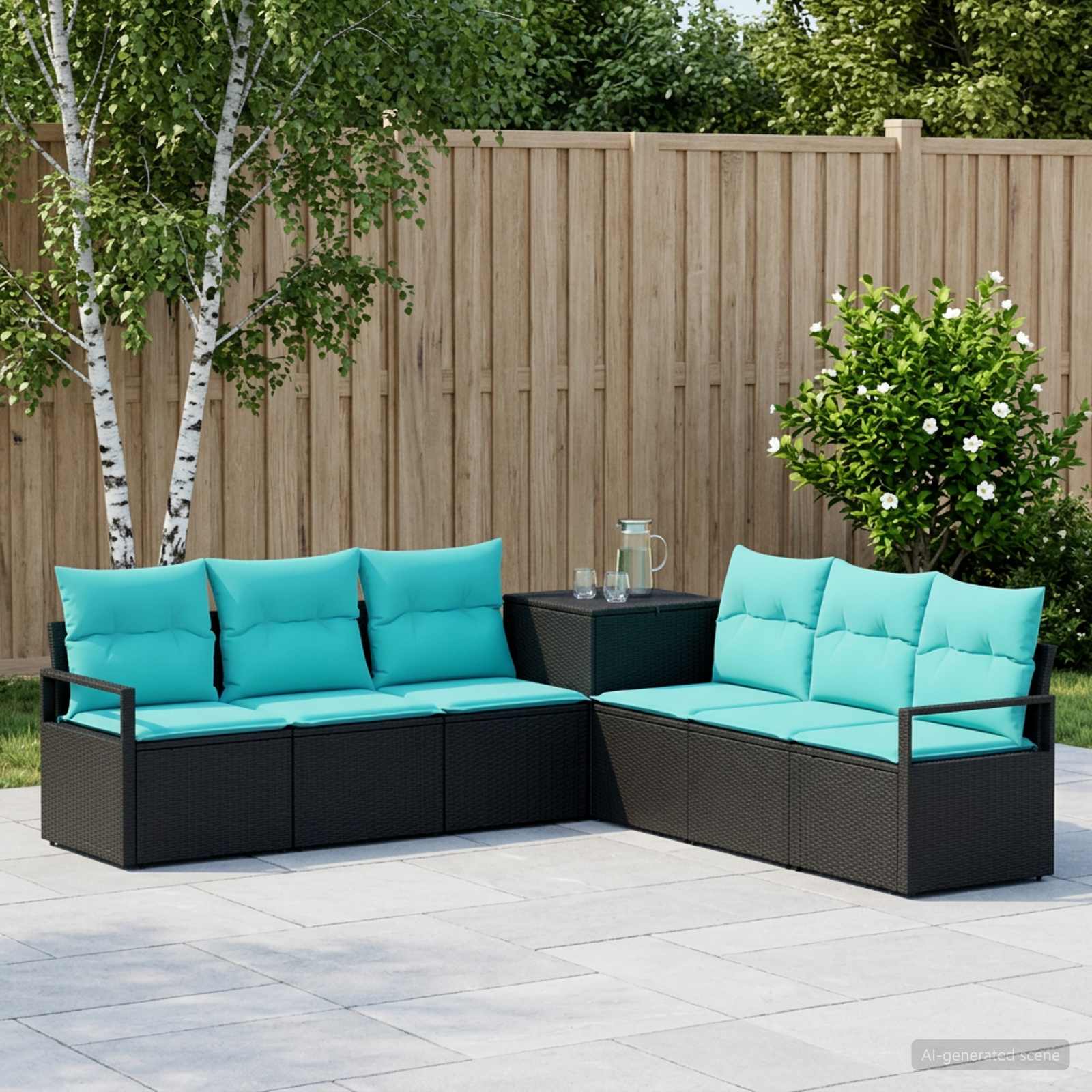 Set di divani 7 pz Nero e Blu Rattan sintetico e Acciaio | homemem39