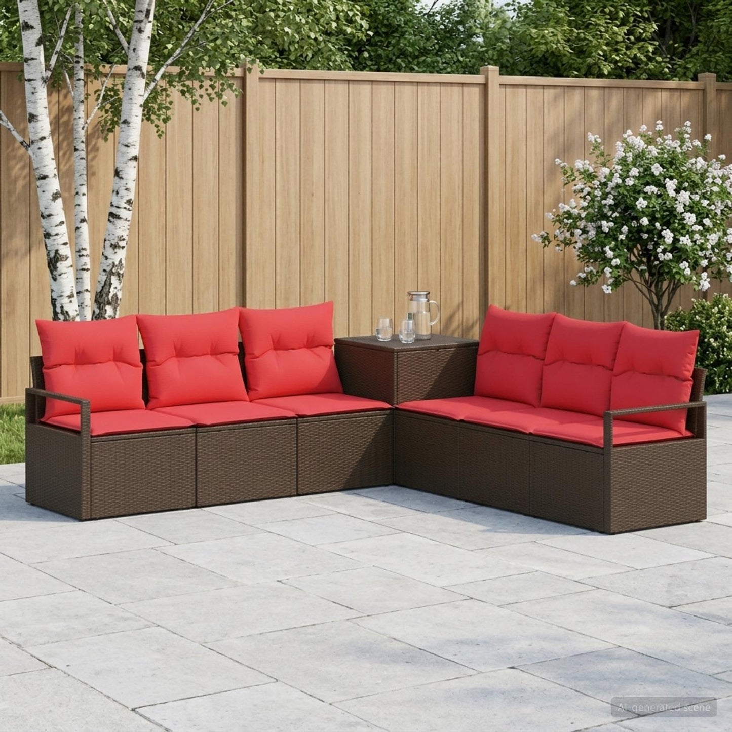 Set di divani 7 pz Marrone e Rosso Rattan sintetico e Acciaio | homemem39