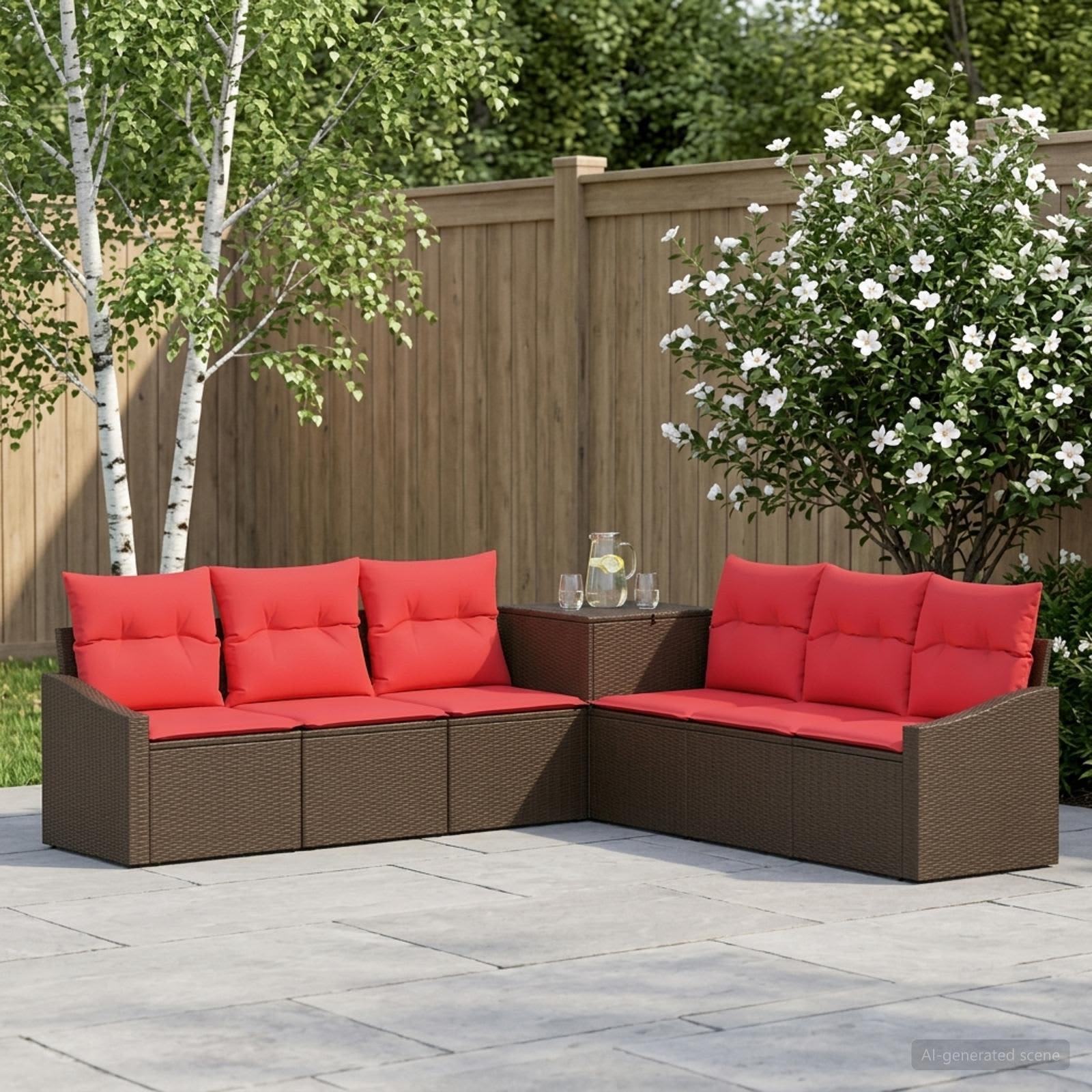 Set di divani 7 pz Marrone e Rosso Rattan sintetico e Acciaio | homemem39