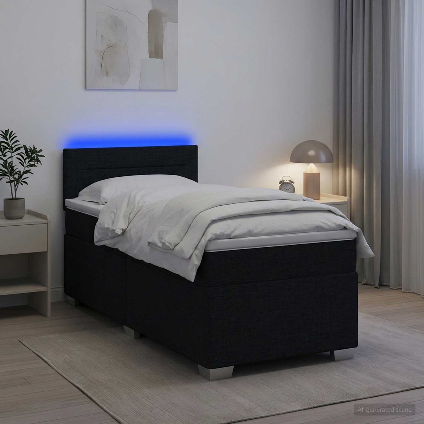 Letto con Box Spring, Materasso e LED Nero 90 x 190 cm Tessuto
