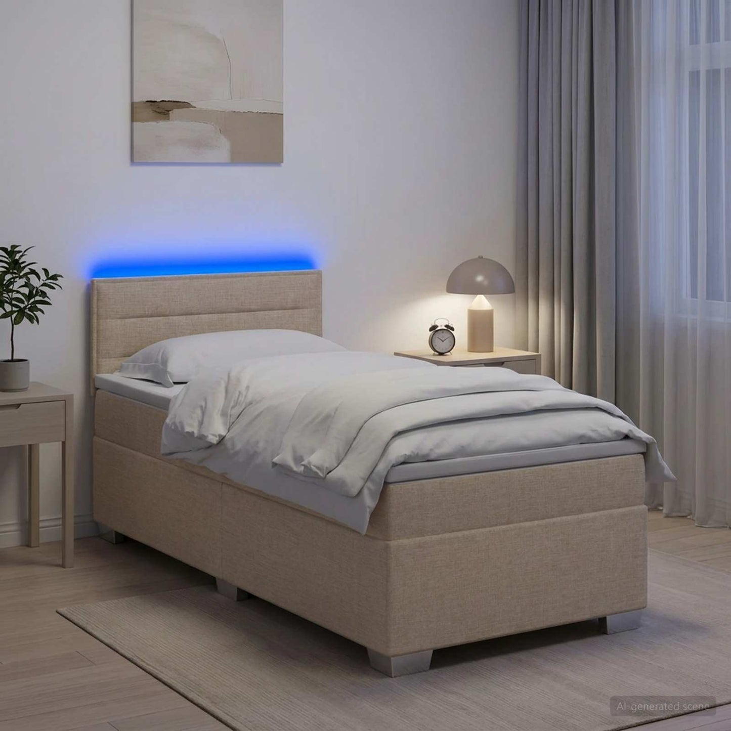 Letto con Box Spring, Materasso e LED Crema 80 x 200 cm Tessuto